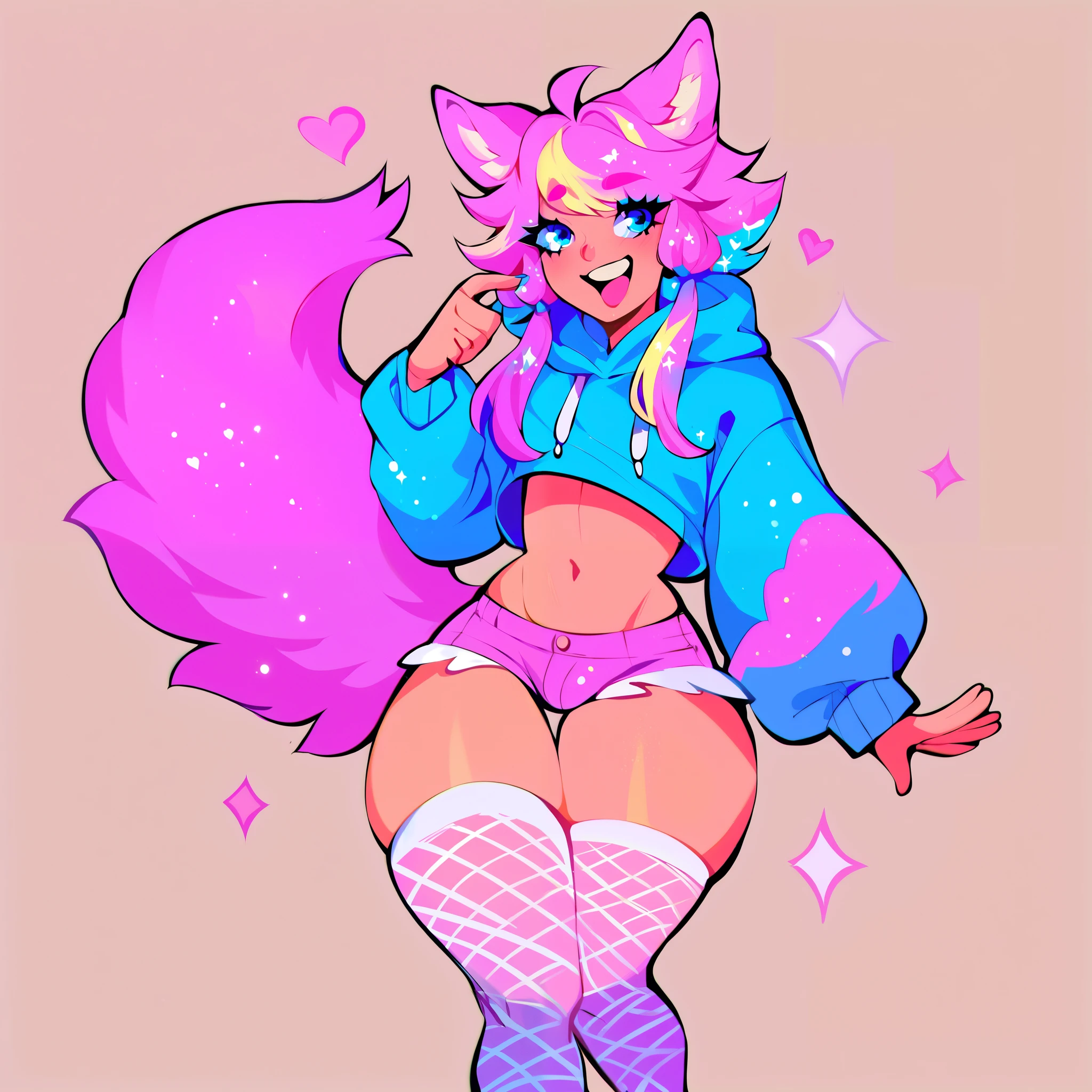 score_9, score_8_up, score_7_up, score_6_up, score_5_up, score_4_up, Single boy, Anime Femboy, Short, Long feathered hair with long locks, wolf ears, wolf tail, blue eyes, flat chest, super flat chest, solo femboy, only one femboy, wide hips, thicc thighs, happy, big fluffy wolf tail, is a boy, one boy, solo, alone, (SOLO)(ALONE), squishy thighs, very soft looking, soft skin, wearing white knee high stockings with fishnets, happy, wearing sparkly neonhot pink latex shorts, no underwear, wearing cropped galaxy hoodie, has light purple pink hair, has highlighted hair (Multi colored hair highlights)(multi colored hair), galaxy backround, bubbles, floating hearts, wearing eye liner, wearing makeup,