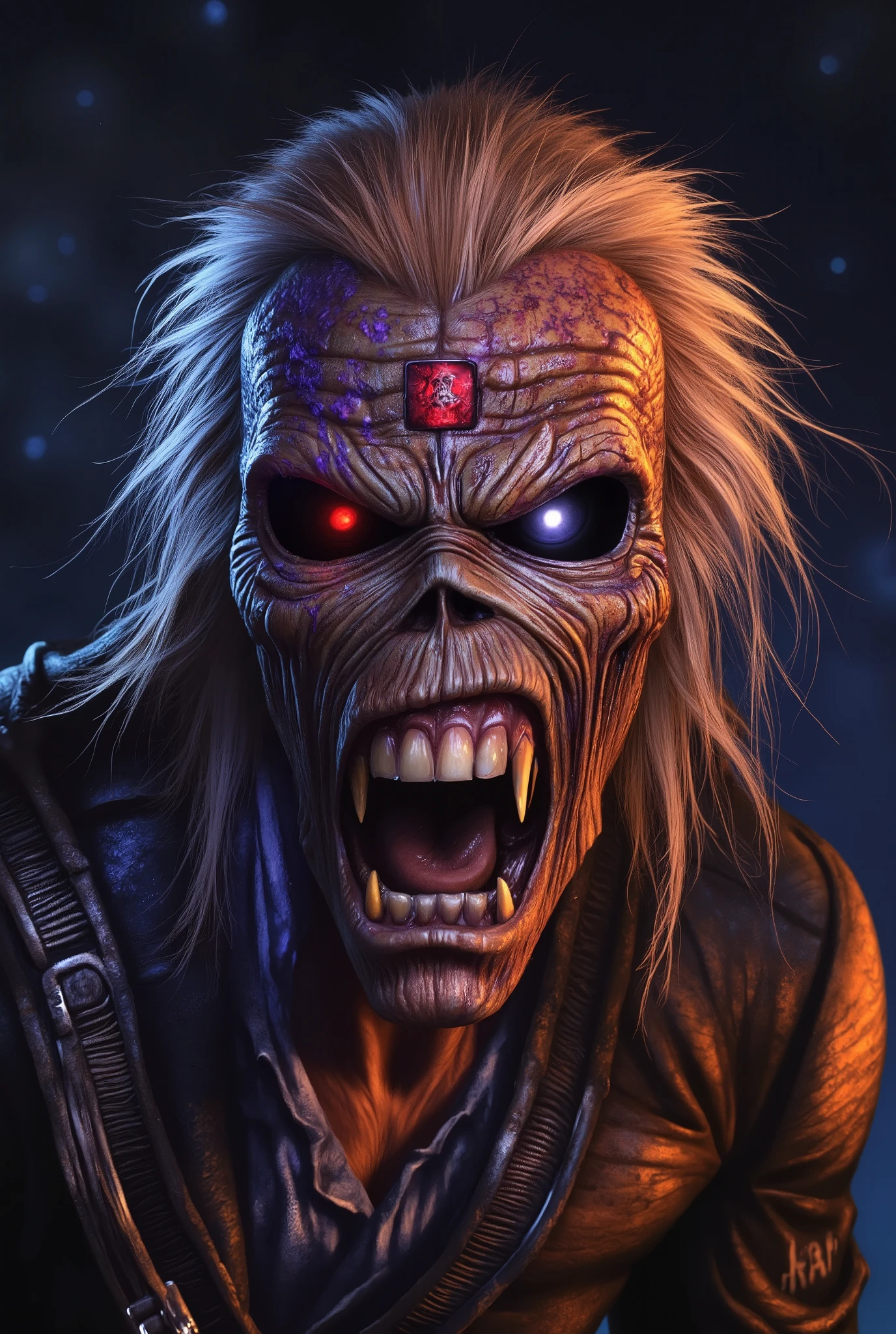 a close up of a person, ((a cyborg, technology, machine, muscular, terminator)) , 1 9 8 0's heavy metal album art, iron maiden, Eddie , iron maiden album cover, cheesy iron maiden motifs, metal album cover art, thrash metal, heavy metal artwork, maiden, heavy metal art style, hd wallpaper, angry rotting zombie, by Ignacio Zuloaga. ((cyberpunk background, cinematic neon lighting)).