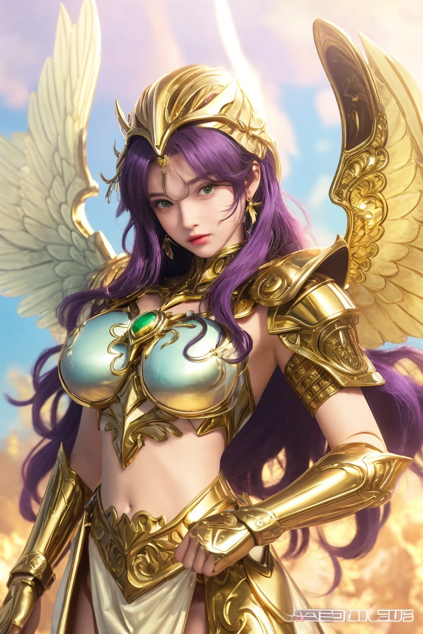 Ultra HD、Ultra-clear、Beautiful Face、Phoenix Warrior、Covered entirely in golden armor、Holy knight in golden armor、Golden armor with ornate carvings covering the entire body、Heavy golden armor、crystal clear green eyes、Silver Hair、Big Tits、Outer space background、