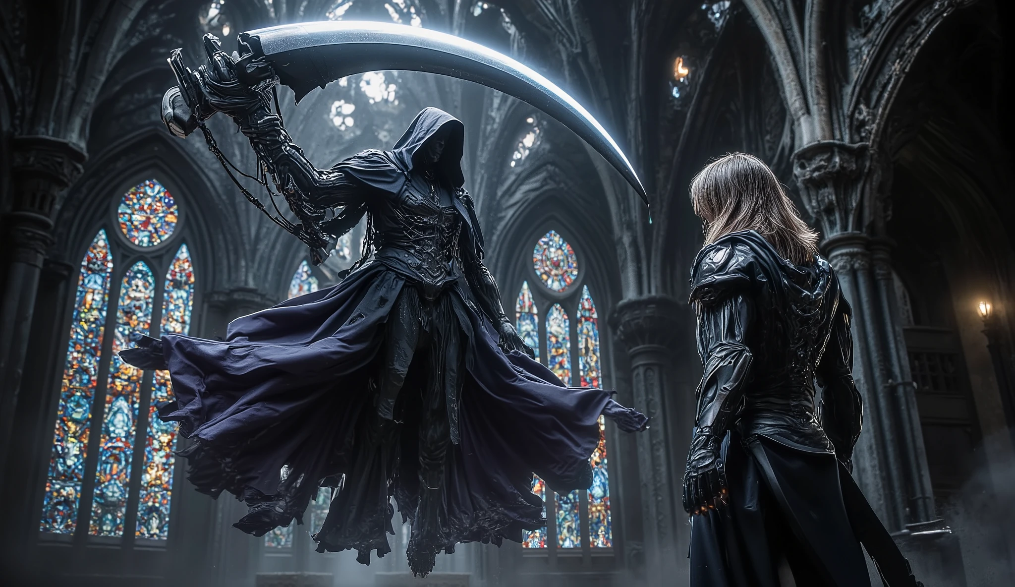 (grim reaper, floating high in the air in the distance:1, flowing robes, he holds a large sickle., environment is the inside of a gothic castle with colored stained glass windows), (a man in leather armor stands below looking up at the grim reaper, medium length hair, standing in combat stance)