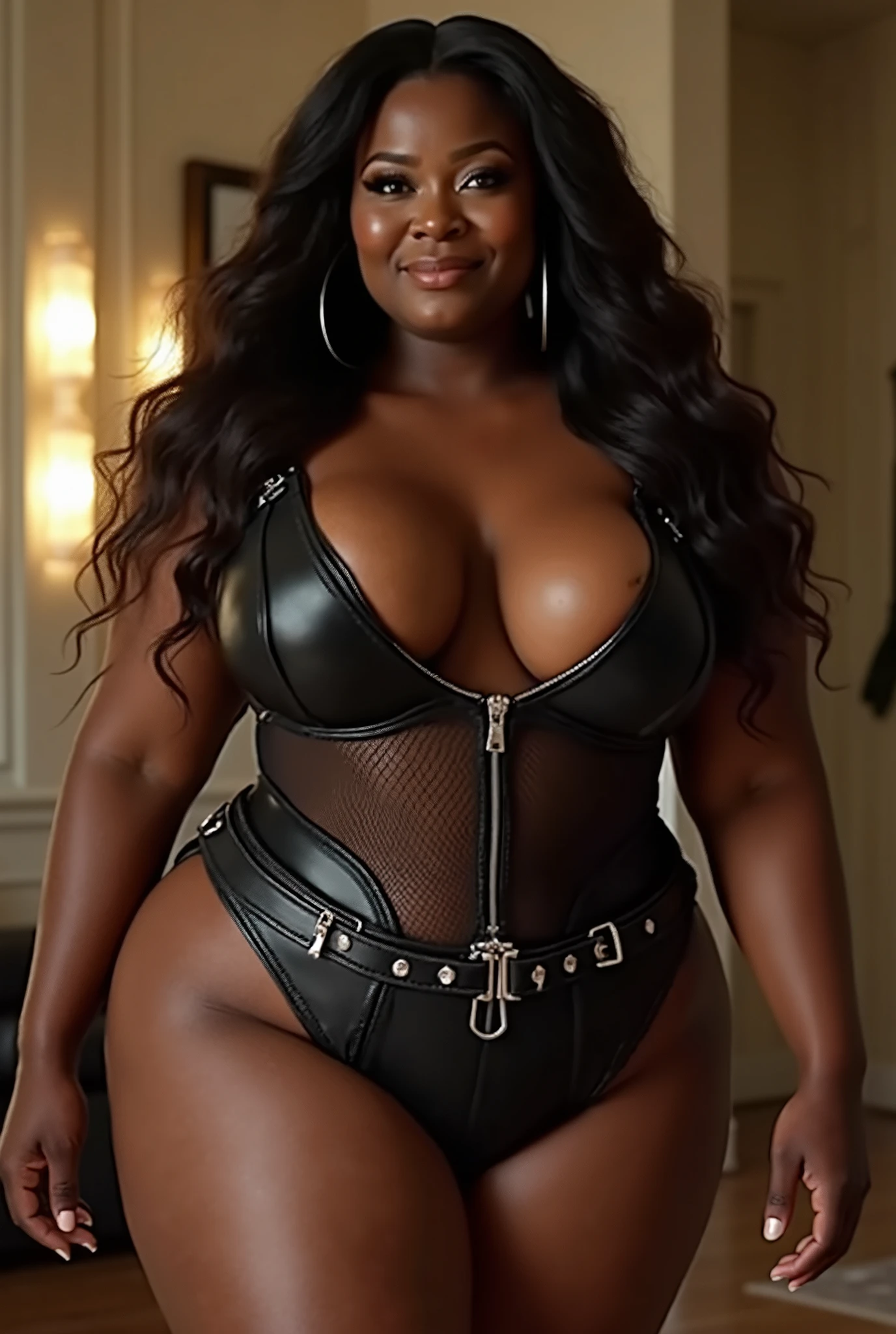 Beautiful black woman, gorgeous, insanely busty, big breasts, curvy, voluptuous, dark skin, long hair, ponytail, brown eyes, wearing black latex tank top, gloves, tight body hugging tank top showing her curvaceous body, nipples poking, brown leather mini skirt, detailed face and body, city background, sunset, posing in the Driver's seat of a posh car, dramatic action pose