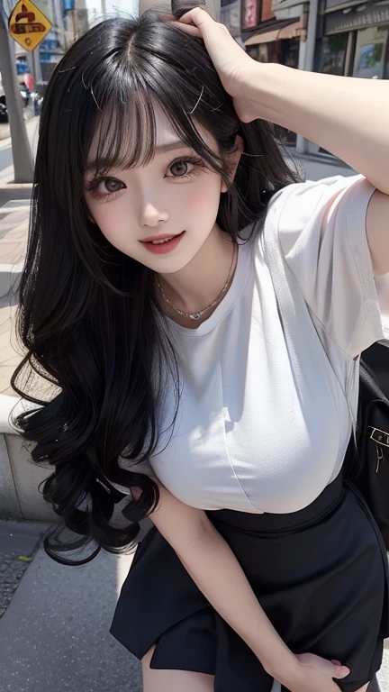 asian beauty,  looking at camera ,  shows his teeth and laughs,  lean forward，front,  ????,  dynamic angle,    I pull up my hair with my right hand, ，Curly Hair,  heavy makeup， mouths,  mini skirt,  crouch
