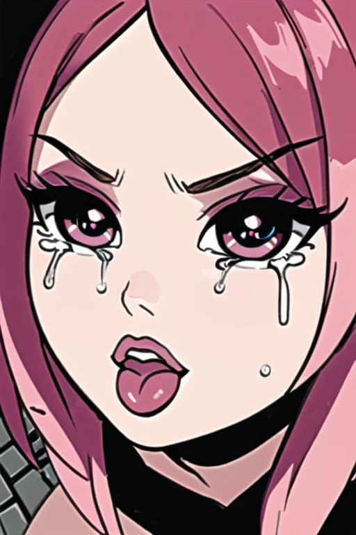 Futanari, maeve from paladins, small cock, cock close to face, Red face, face with cum , tongue out, crying eyes 