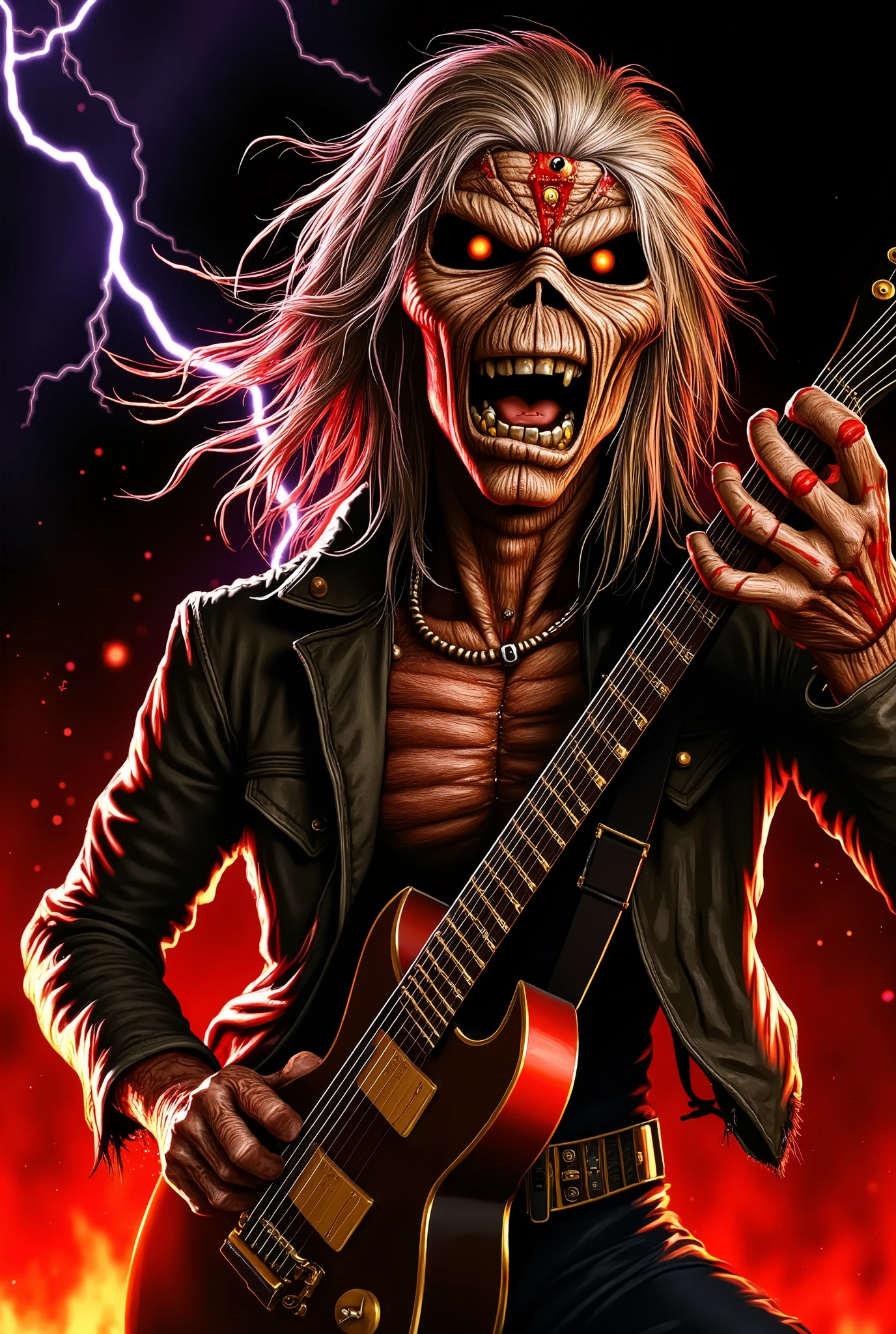 Close-up face , Eddie in dynamic zombie pose ((wearing múmia costume )), múmia clothes, raiva, (((playing guitar))), Estilo Iron Maiden, Eddie do Iron Maiden. foto crua de alta qualidade, excellent composition (cinematic lighting, cinematic colors, texto, obra de arte, alto detalhe, melhor qualidade, fotorrealismo, Ultrarrealismo, 8K HDR: 1.2), abstract galaxy and thunder background.