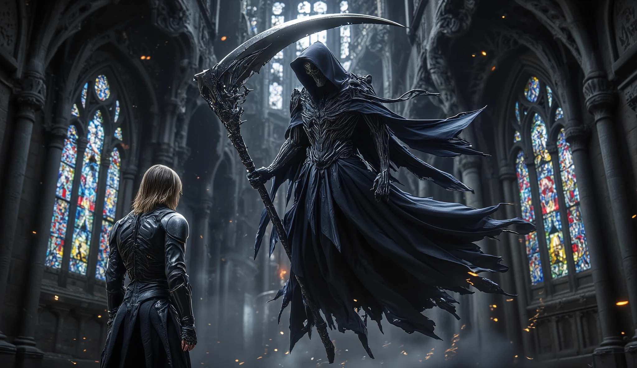 (large grim reaper, floating high in the air in the distance:1, flowing robes, he holds a large sickle., environment is the inside of a gothic castle with colored stained glass windows), (a man in leather armor stands below looking up at the grim reaper, medium length hair, standing in combat stance)