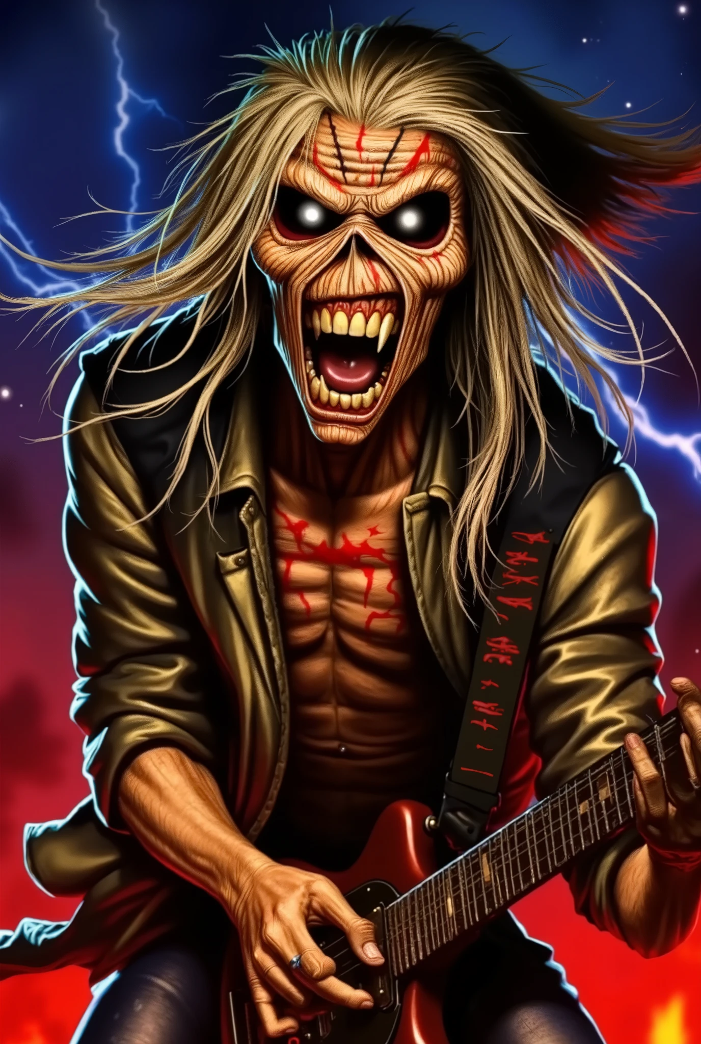 Close-up face , Eddie in dynamic zombie pose ((wearing múmia costume )), múmia clothes, raiva, (((playing guitar))), Estilo Iron Maiden, Eddie do Iron Maiden. foto crua de alta qualidade, excellent composition (cinematic lighting, cinematic colors, texto, obra de arte, alto detalhe, melhor qualidade, fotorrealismo, Ultrarrealismo, 8K HDR: 1.2), abstract galaxy and thunder background.