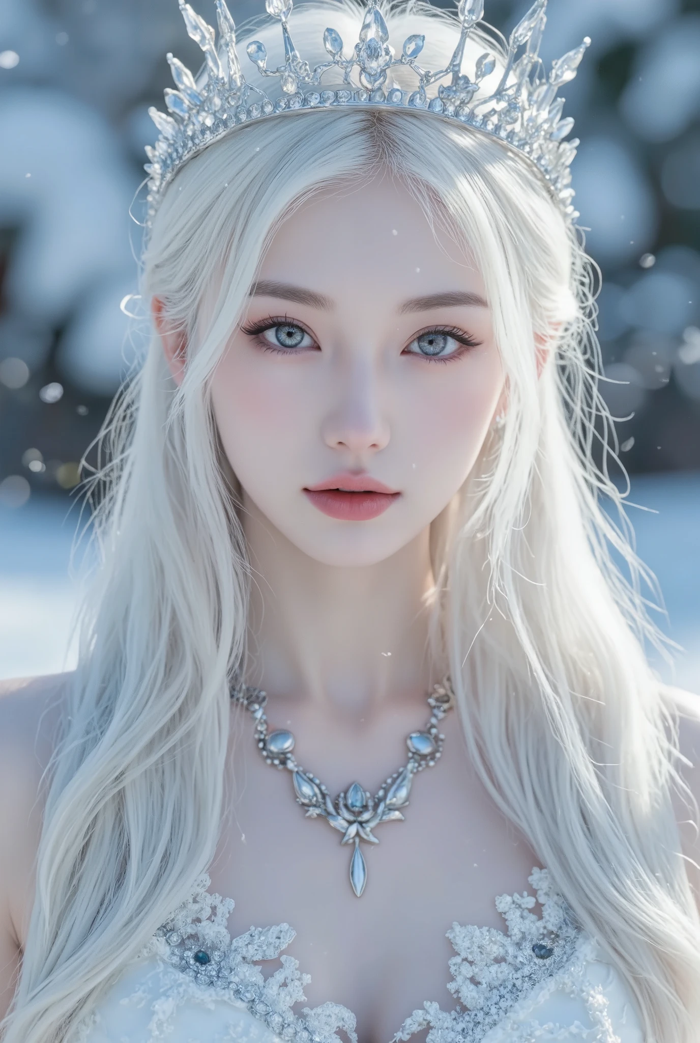 (hyper-realistic), (illustration), (high resolution), (8K), (extremely detailed), (best illustration), (beautiful detailed eyes), (best quality), (ultra-detailed), (masterpiece), (wallpaper), (detailed face), solo, (dynamic pose), 1girl, white dress, off-the-shoulder, snowy mountains, short white hair, broken hair, necklace, fangs, tattoo, tiger