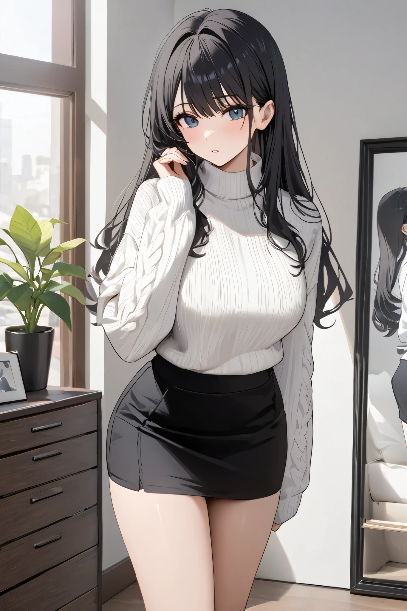 Standing picture of a beautiful woman with long black hair wearing a white sweater and a black skirt