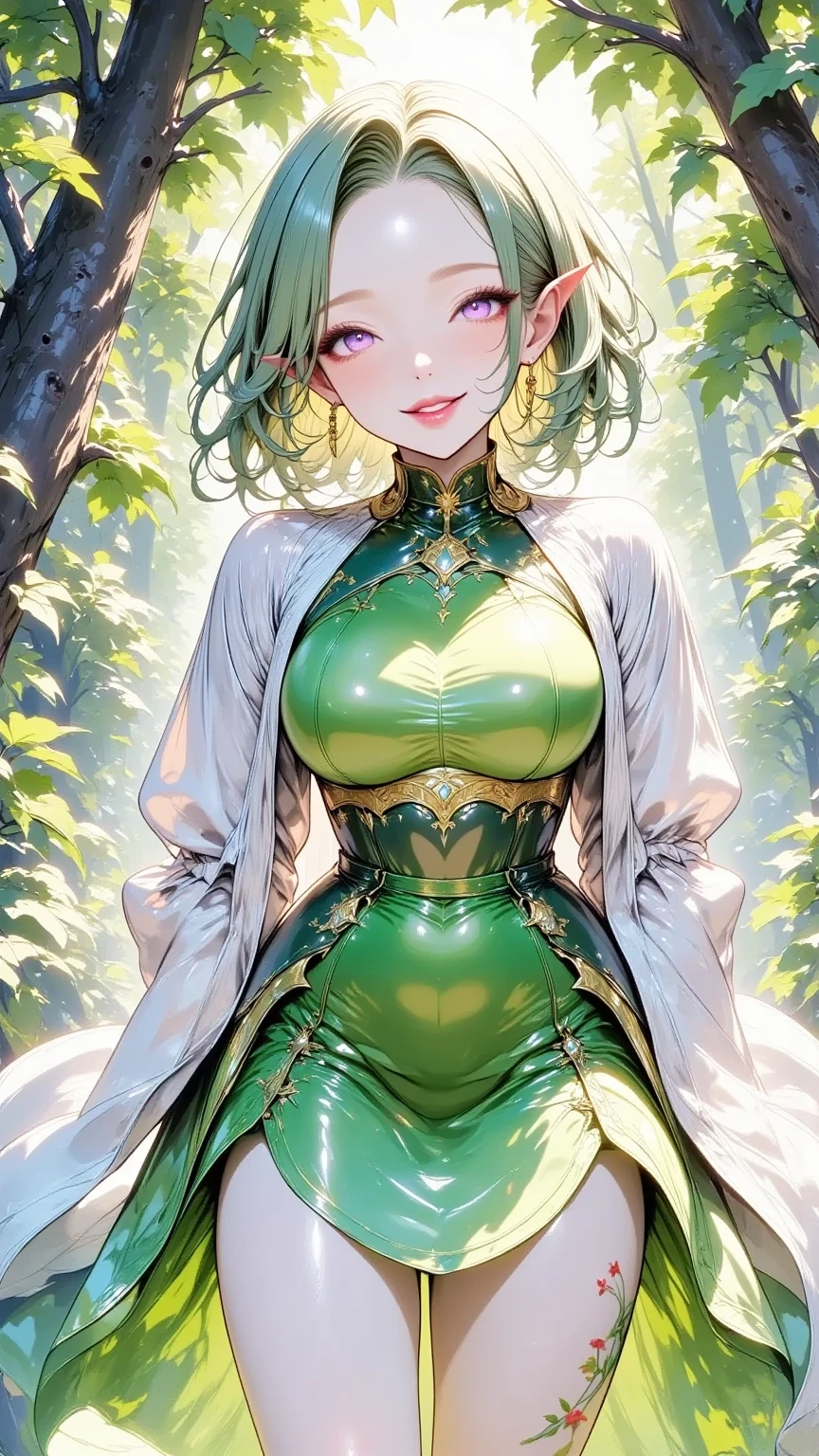 (1girl,solo),cowboy shot,(slender body),standing,(blonde hair:1.6), (short hair:1.4),elf ears,(green eyes:1.2),(beautiful fingers:1.4),(perfect anatomy:1.4),(arms_behind_back:1.6),(cold_shoulder:1.4),BREAK,(green leather lace glossy silk lamé leotard:1.6),(latex luster shiny glossy metallic:1.6),(shiny_clothes:1.6),beautiful breasts,(thin thighs:1.4),masterpiece,best quality,(Ultra high definition eyes:1.2),8k,(Beautiful detailed eyes:1.2),(Fine and beautiful eyes:1.2),(pretty eyes:1.2),finely detail,extremely CG, absurdres,high resolution,illustration,Detailed and beautiful outlines,finely detail,high resolution,(colorful refraction:1.4,Increase saturation:1.2),beautiful lighting,dynamic lighting,closed room,black background,simple background, smile,looking at viewer,sui,suidefault,suidress,green dress,(green thigh boots:1.4)