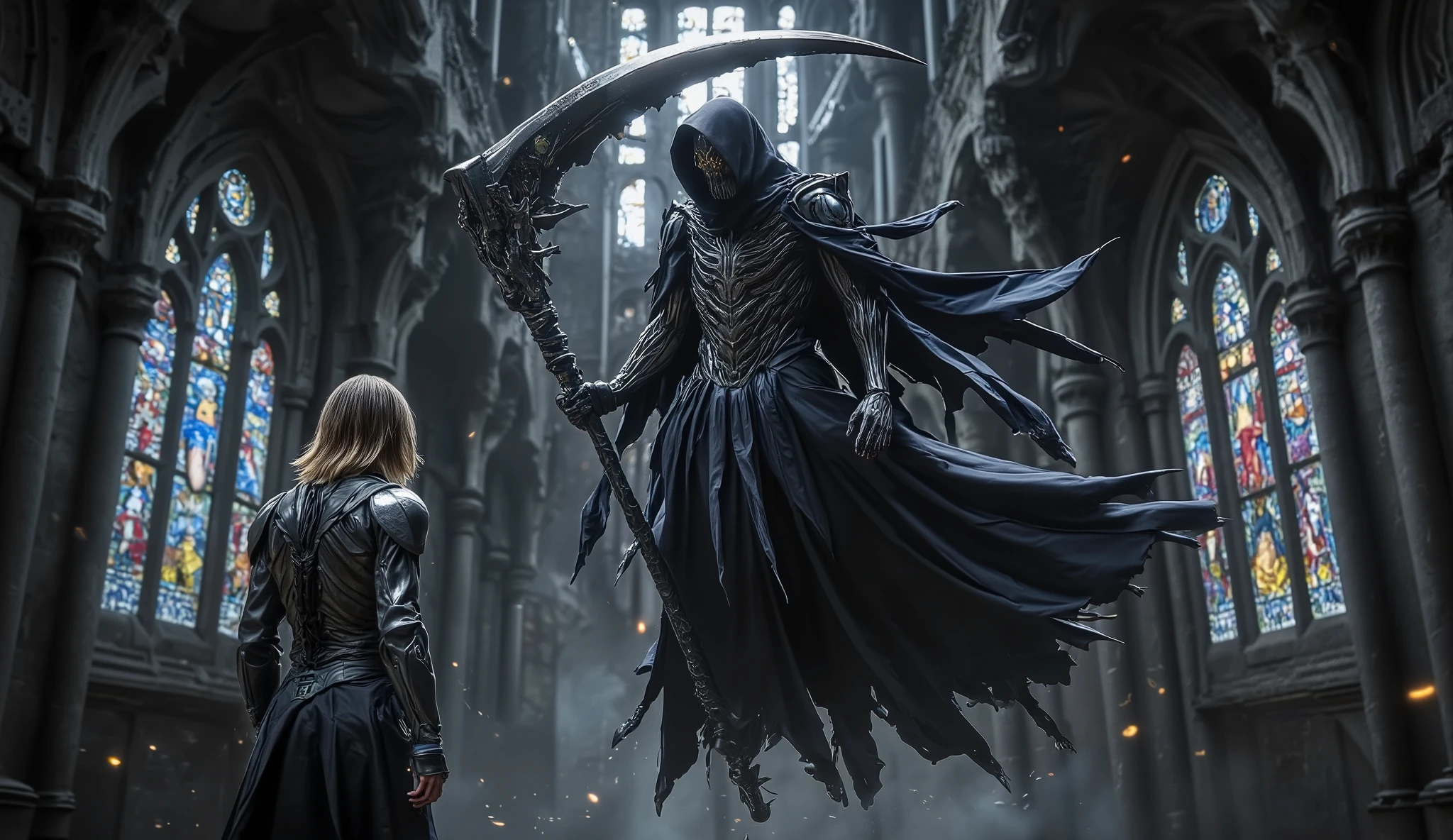 (large grim reaper, floating high in the air in the distance:1, flowing robes, he holds a large sickle., environment is the inside of a gothic castle with colored stained glass windows), (a man in leather armor stands below looking up at the grim reaper, medium length hair, standing in combat stance)