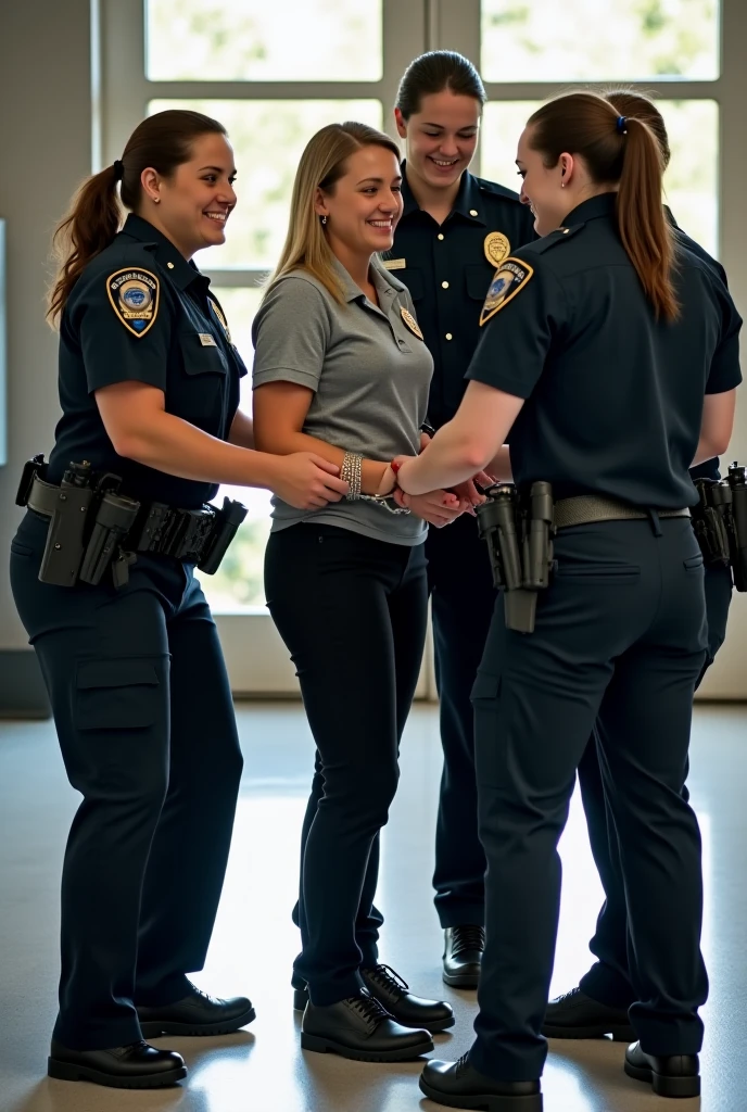 beautiful 25 year old athletic female asian police officer wearing tank top and police pants taking a break at police station posing for photo with female colleague. arms around each other. smiling. muscular arm