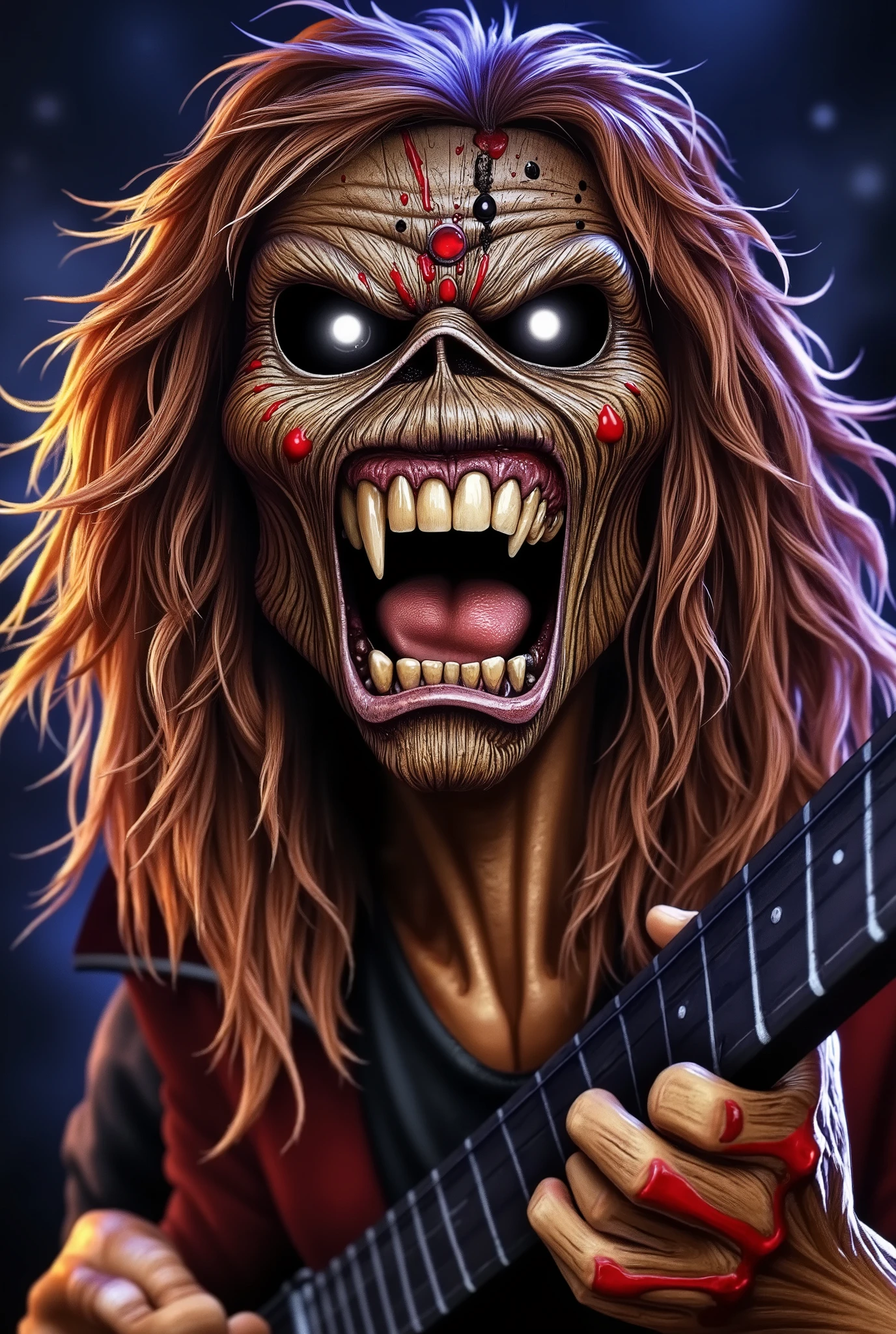 Close-up face , Eddie in dynamic zombie pose ((wearing múmia costume )), múmia clothes, raiva, (((playing guitar))), Estilo Iron Maiden, Eddie do Iron Maiden. foto crua de alta qualidade, excellent composition (cinematic lighting, cinematic colors, texto, obra de arte, alto detalhe, melhor qualidade, fotorrealismo, Ultrarrealismo, 8K HDR: 1.2), abstract galaxy and thunder background.