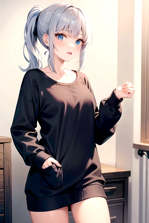 1girl, 独奏, looking back, Knitted sweater that kills virgins, smile, She tucks a strand of hair behind her ear., glossy back, In the room at night, Window, The room is dark., Moonlight streams in, illuminating her.