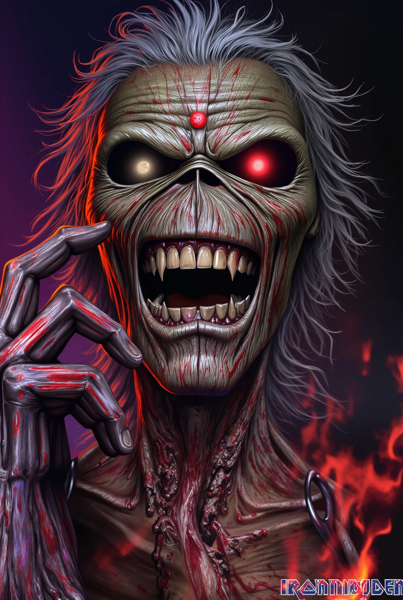 a close up of a person, ((a cyborg, technology, machine, muscular, terminator)) , 1 9 8 0's heavy metal album art, iron maiden, Eddie , iron maiden album cover, cheesy iron maiden motifs, metal album cover art, thrash metal, heavy metal artwork, maiden, heavy metal art style, hd wallpaper, angry rotting zombie, by Ignacio Zuloaga. ((cyberpunk background, cinematic neon lighting)).