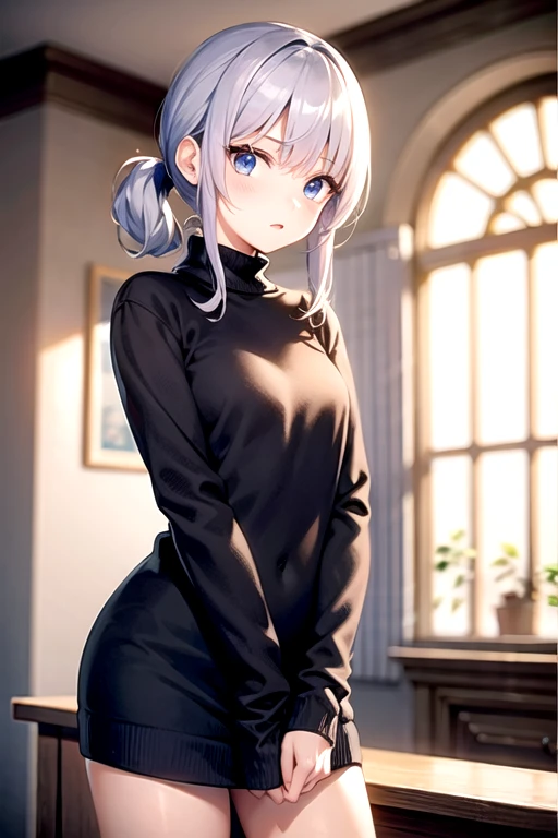 ((highest quality)), ((masterpiece)), (Very detailed), (Very high resolution), 4k, Anime 2D Rendering, Realistic, 
One Girl:1.5, 
BREAK Symmetrical Face:1.4, Perfect Face, Beautiful clavicle, Beautiful fingers, Beautiful breasts, (Slightly smaller chest), 
Beautiful body, Beautiful thighs, Beautiful feet, Perfect round butt, (Detailed skin), Beautiful white skin:1.5, Shiny skin:1.4, 
BREAK Baby Face, cute, 18-year-old, 
Double eyelids, Natural eyebrows, 
(Slanted Eyes), Beautiful and delicate eyes, Sparkling eyes, (Dark blue eyes), 
Glossy mouth, 
BREAK Beautiful Hair, Shiny Hair, Hair fluttering, bangs, (Silver Hair), Long Curly Hair:1.5, 
BREAK 

((Blue sleeveless high neck sweater dress:1.4)、Sheer black pantyhose:1.4、High heels)、
Earrings、Silver Necklace、
BREAK 

(cheerful, enjoy), Cowboy Shot, sunlight, blue sky, turn around
