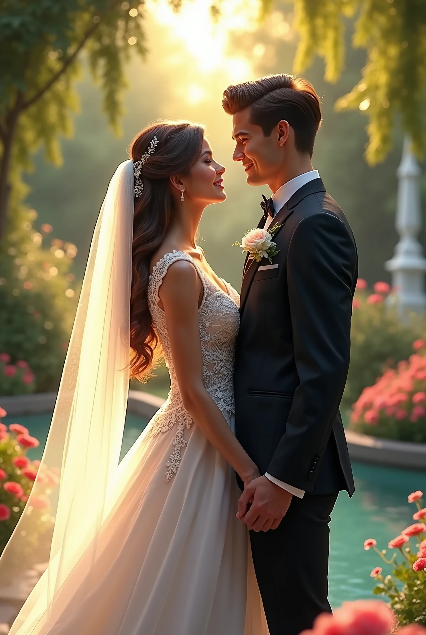 Create 2 very happy brides and grooms at their wedding and that on the top bottom of the bride has the initial F and on the groom&#39;s part the initial R but that they are a man and a woman