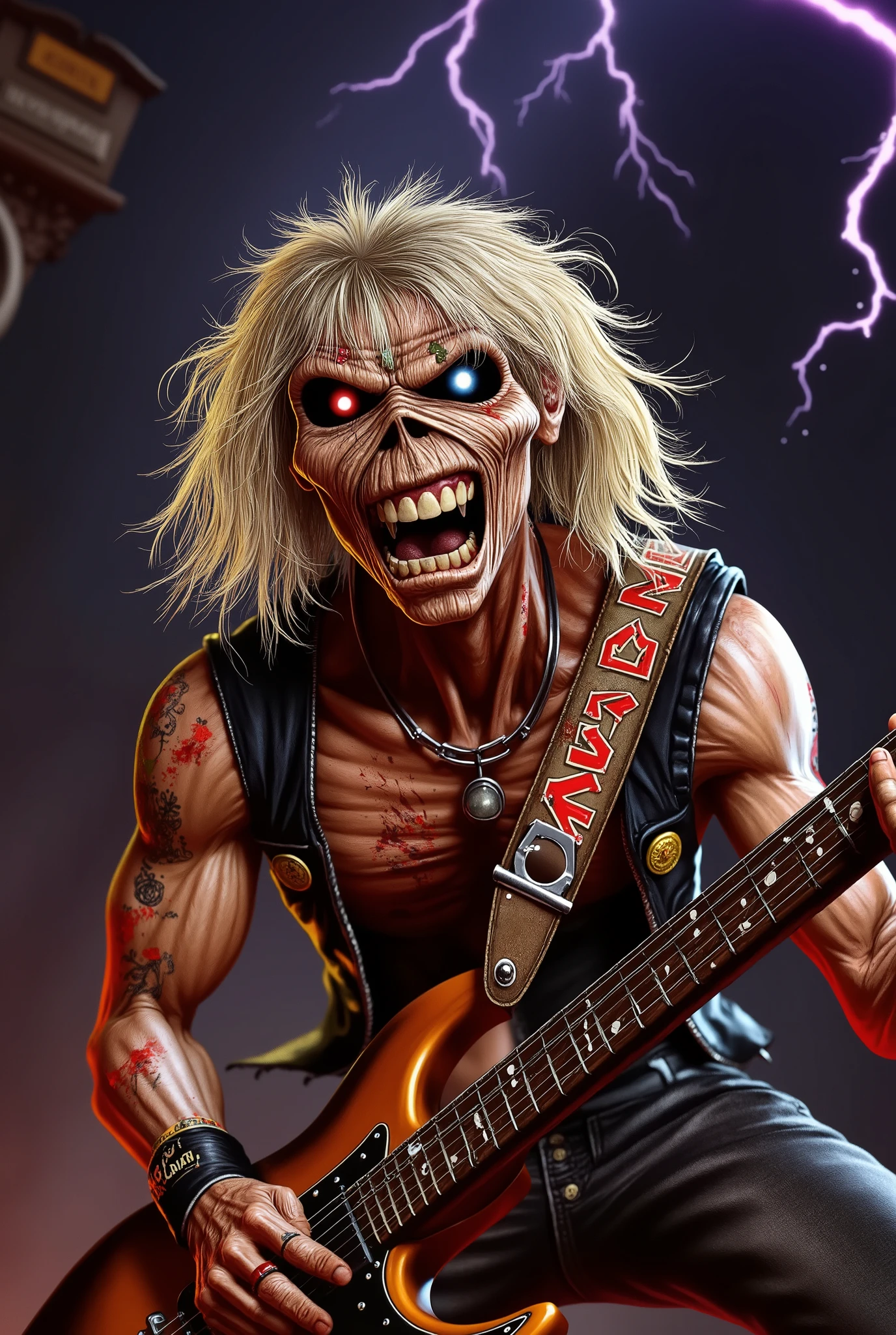 Close-up face , Eddie in dynamic zombie pose ((wearing múmia costume )), múmia clothes, raiva, (((playing guitar))), Estilo Iron Maiden, Eddie do Iron Maiden. foto crua de alta qualidade, excellent composition (cinematic lighting, cinematic colors, texto, obra de arte, alto detalhe, melhor qualidade, fotorrealismo, Ultrarrealismo, 8K HDR: 1.2), abstract galaxy and thunder background.