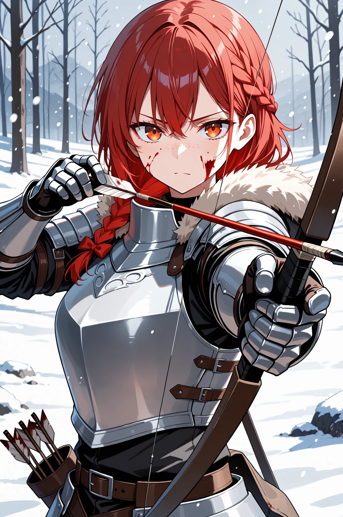 masterpiece,best quality,amazing quality, absurdres, , 1girl, solo, looking_at_viewer, holding, closed_mouth, upper_body, braid, weapon, outdoors, red_hair, holding_weapon, armor, fur_trim, single_braid, snow, freckles, blood_on_face, serious, snowing, bow_\(weapon\), arrow_\(projectile\), holding_bow_\(weapon\), aiming, quiver, aiming_at_viewer, holding_arrow, drawing_bow