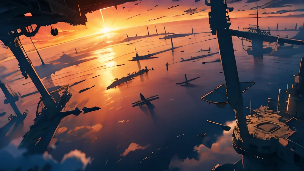(( Soratrobo's Worldview )),(Sky Island),sea of clouds, Graveyard of Air Battleships ,sunset, Iron Rust Is Decaying,(Floating in the air),(Lots of weapon wreckage),Slam Style ,