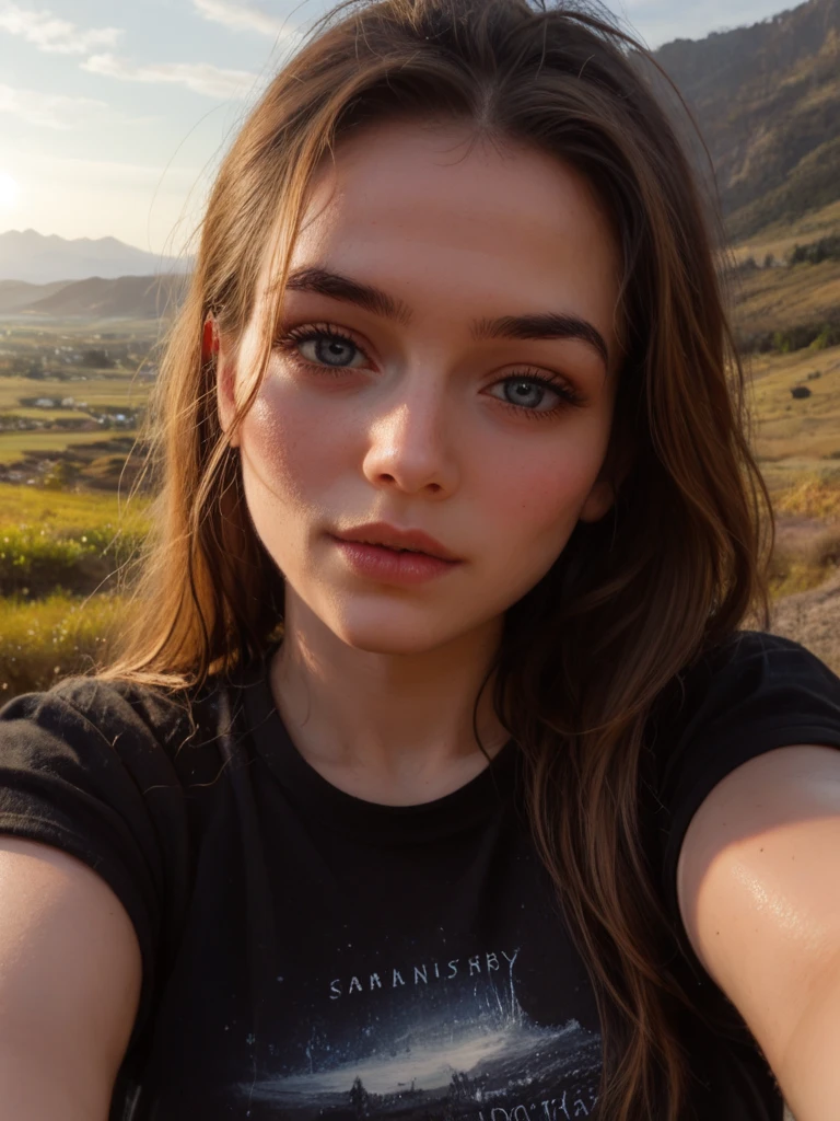 woman standing on a dirt road in a green top, at the sunset, background is heavenly, at a beautiful sunset, in the countryside, sunset and big clouds behind her, during a sunset
