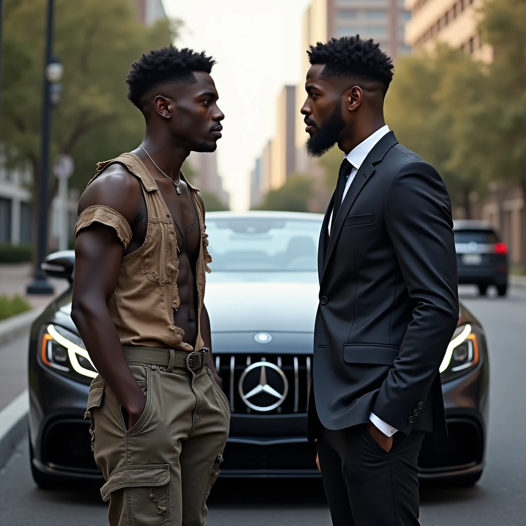 Un jeune homme de teint noir dans un habit déchiré entrain de parler avec un jeune homme de teint noir habillé en costume devant une belle voiture