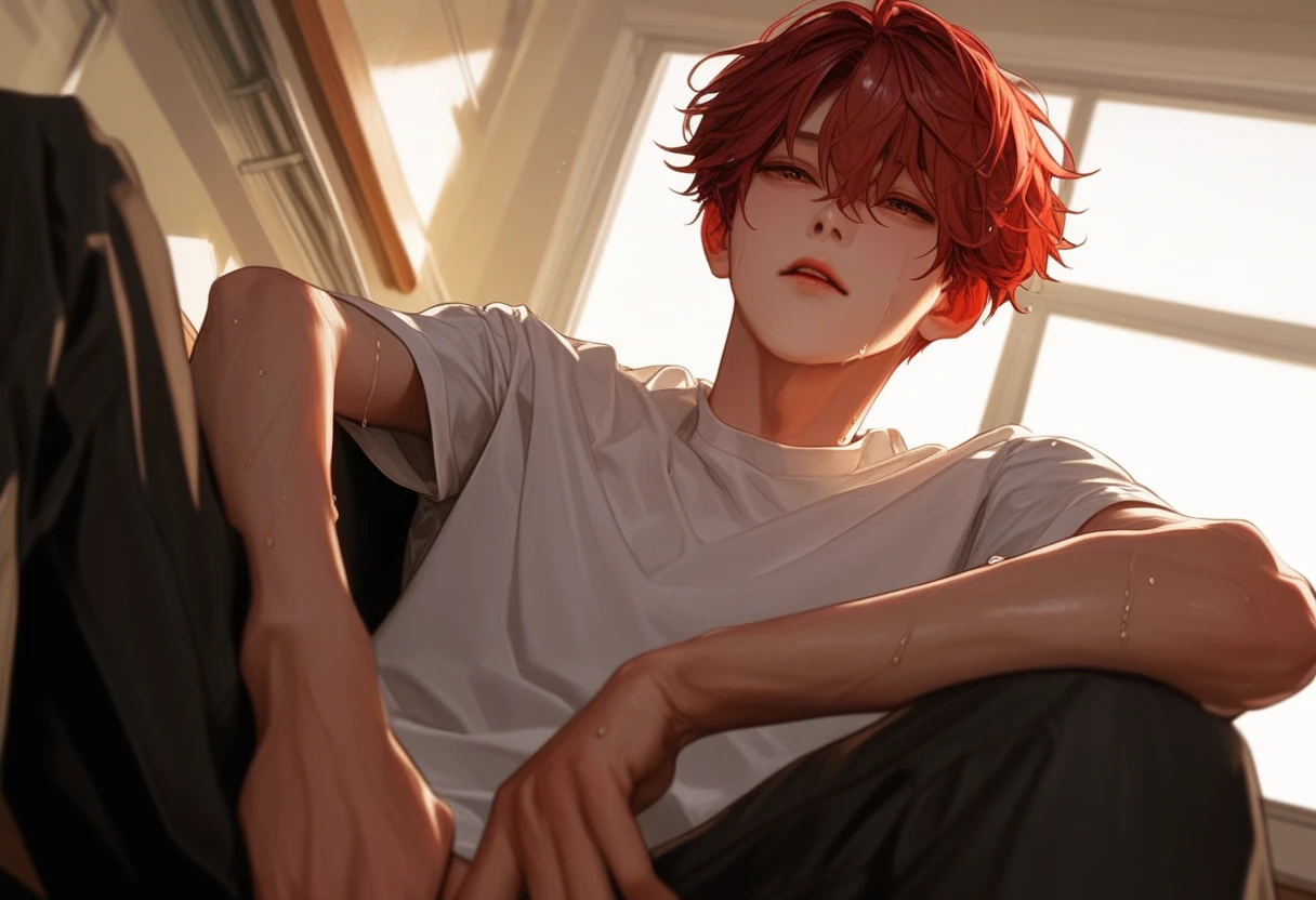 A male，  dark red hair，In the classroom， sit-up position on a chair sofa，Head perspective ，look up， Korean comic style ， young and energetic， Good condition ，Very handsome脸瓜子脸，White T-shirt，  White Skin， Wet Hairstyle  ， Sweating， Charming Eyes  ， Very handsome