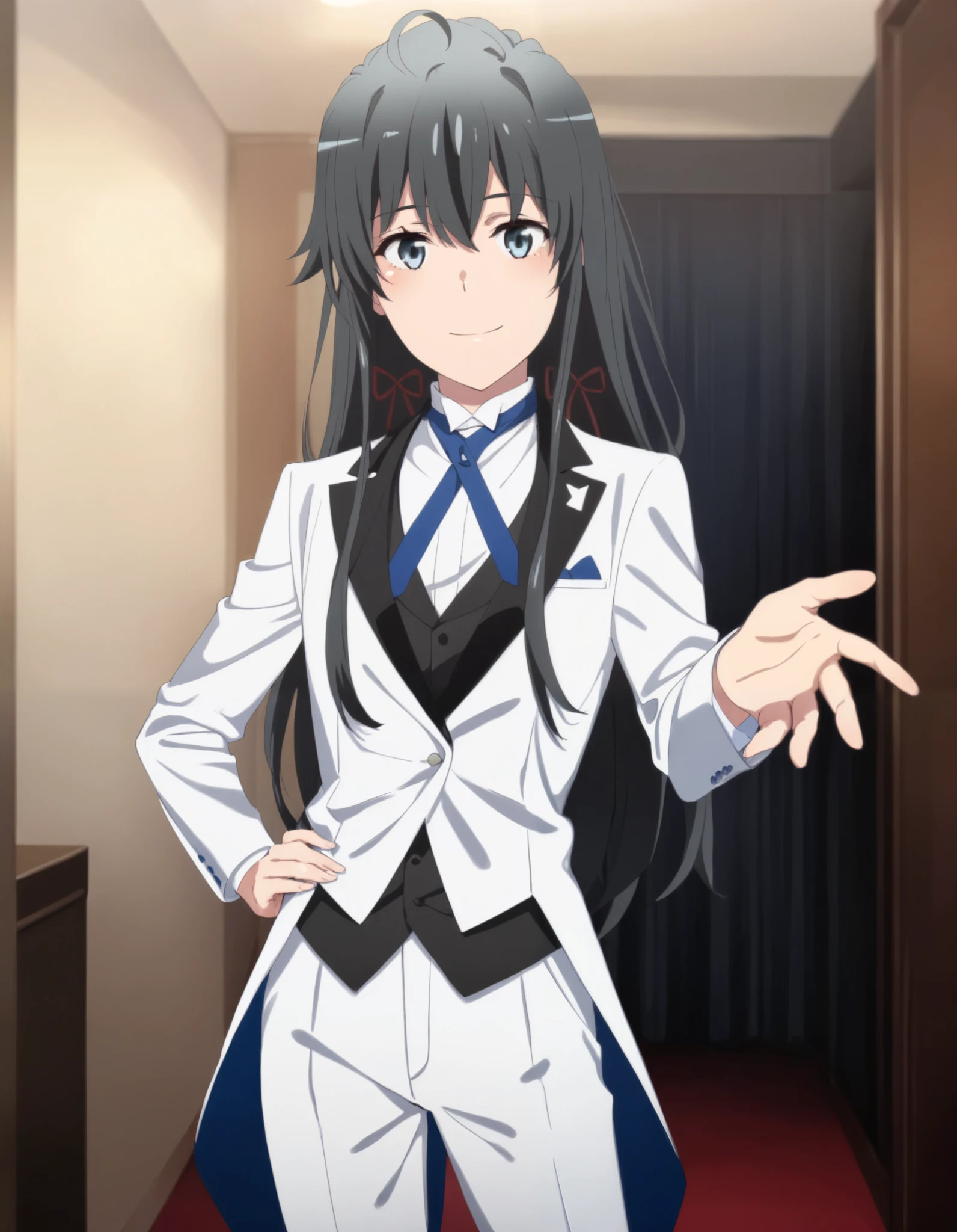 score_9, score_8_up, score_7_up, score_6_up, score_5_up, score_4_up1girl, solo, yukinoshita,, suit tuxedo , , long hair, bangs, sidelocks, indoors, standing,happy,smile,looking at viewer, cowboy shot, blue tie woman in formal attractive suit tuxedo tailcoat standing in a large alcove in the room, , reaching towards viewer , one hand , badass , hand on back