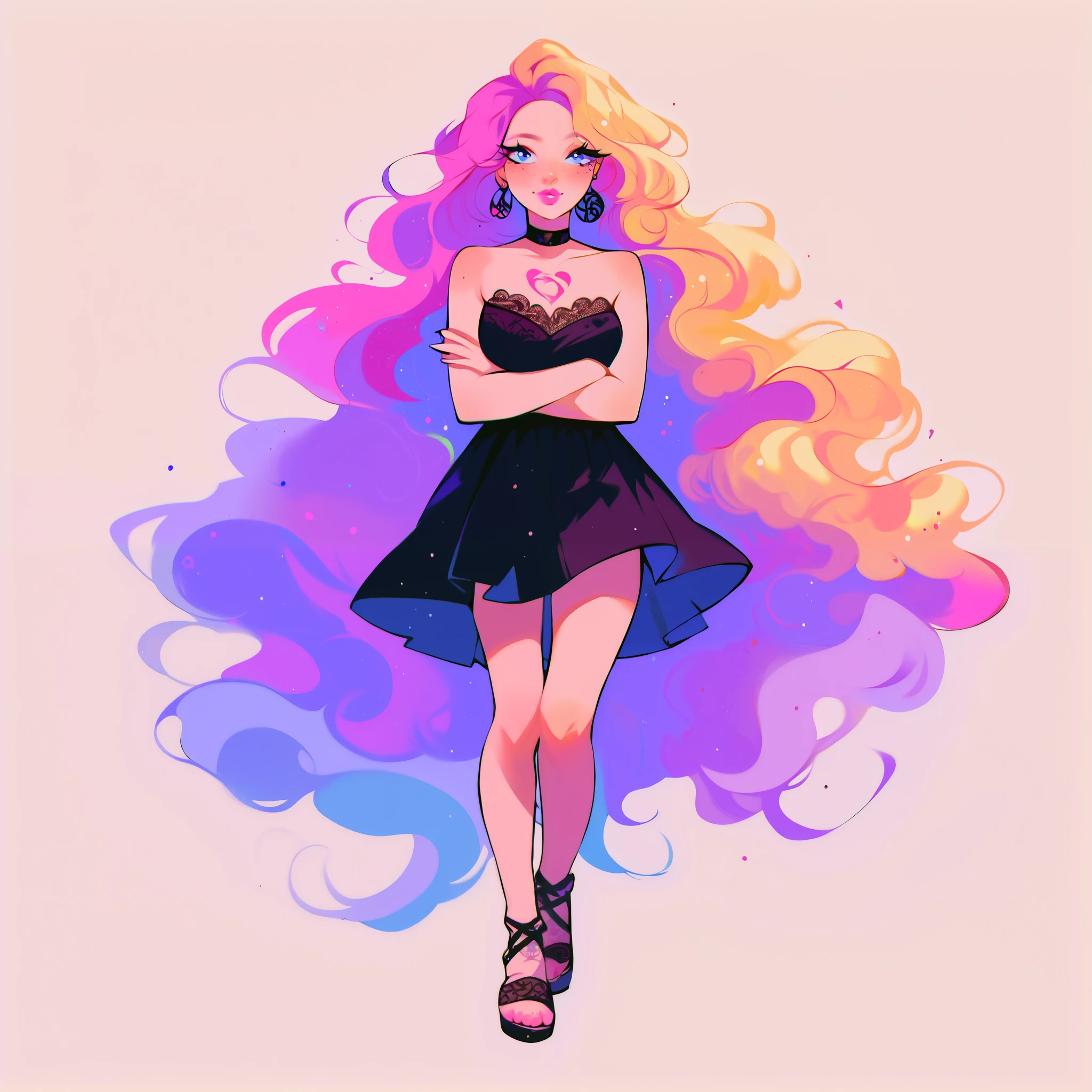 score_9, score_8_up, score_7_up, score_6_up, score_5_up, score_4_up, did vaporwave style, solo, 1girl, female, a thin young girl wearing a black tubetop, wearing a black skirt, wearing a sheer beige overcoat, has a very long blonde hair with pink highlights, has fair pale skin, has light freckles, wearing dark eye shadow has baby blue eyes, has her arms crossed, has freckles on her cheeks chest and shoulders, has pink cheeks, wearing sheer beige shawl, wearing black choker, wearing pink lipstick, very pale skin tone, innocent face, has facial peircings, has tattoos down her legs, wearing black lace sandals, full body
