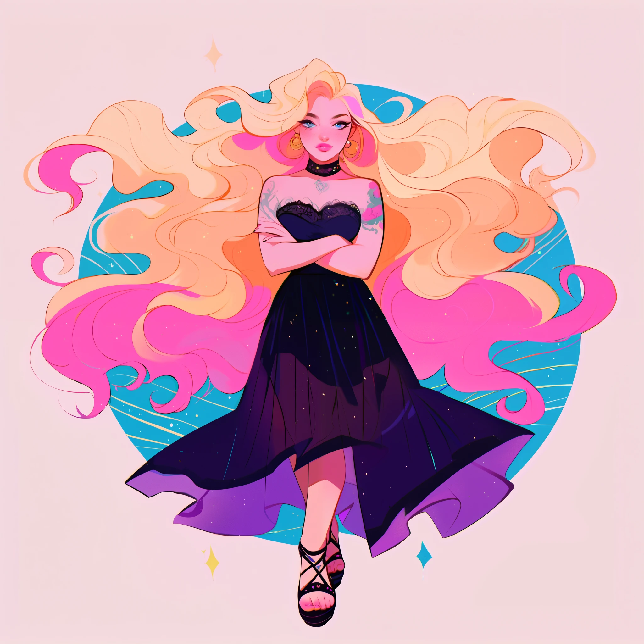 score_9, score_8_up, score_7_up, score_6_up, score_5_up, score_4_up, did vaporwave style, solo, 1girl, female, a thin young girl wearing a black tubetop, wearing a black skirt, wearing a sheer beige overcoat, has a very long blonde hair with pink highlights, has fair pale skin, has light freckles, wearing dark eye shadow has baby blue eyes, has her arms crossed, has freckles on her cheeks chest and shoulders, has pink cheeks, wearing sheer beige shawl, wearing black choker, wearing pink lipstick, very pale skin tone, innocent face, has facial peircings, has tattoos down her legs, wearing black lace sandals, full body