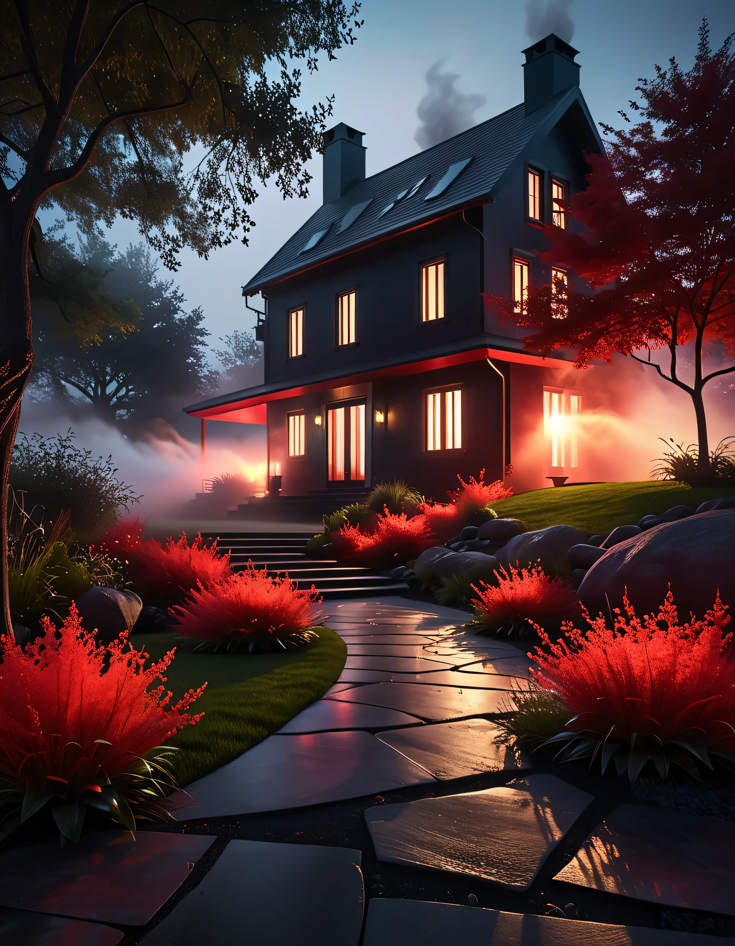 An ethereal and atmospheric scene with a dramatic focus, featuring swirling translucent fog effects in a variety of colors, such as black, red. The environment includes elements of transparency and modern design. Light beams pierce through the fog, creating dynamic patterns of glow and shadow. The ground is dark. The background fades into darkness with subtle gradients, giving a futuristic and mysterious ambiance. The scene feels cinematic, sleek, and ideal for showcasing elegance, innovation, or a creative concept. red fire, dark lawn field