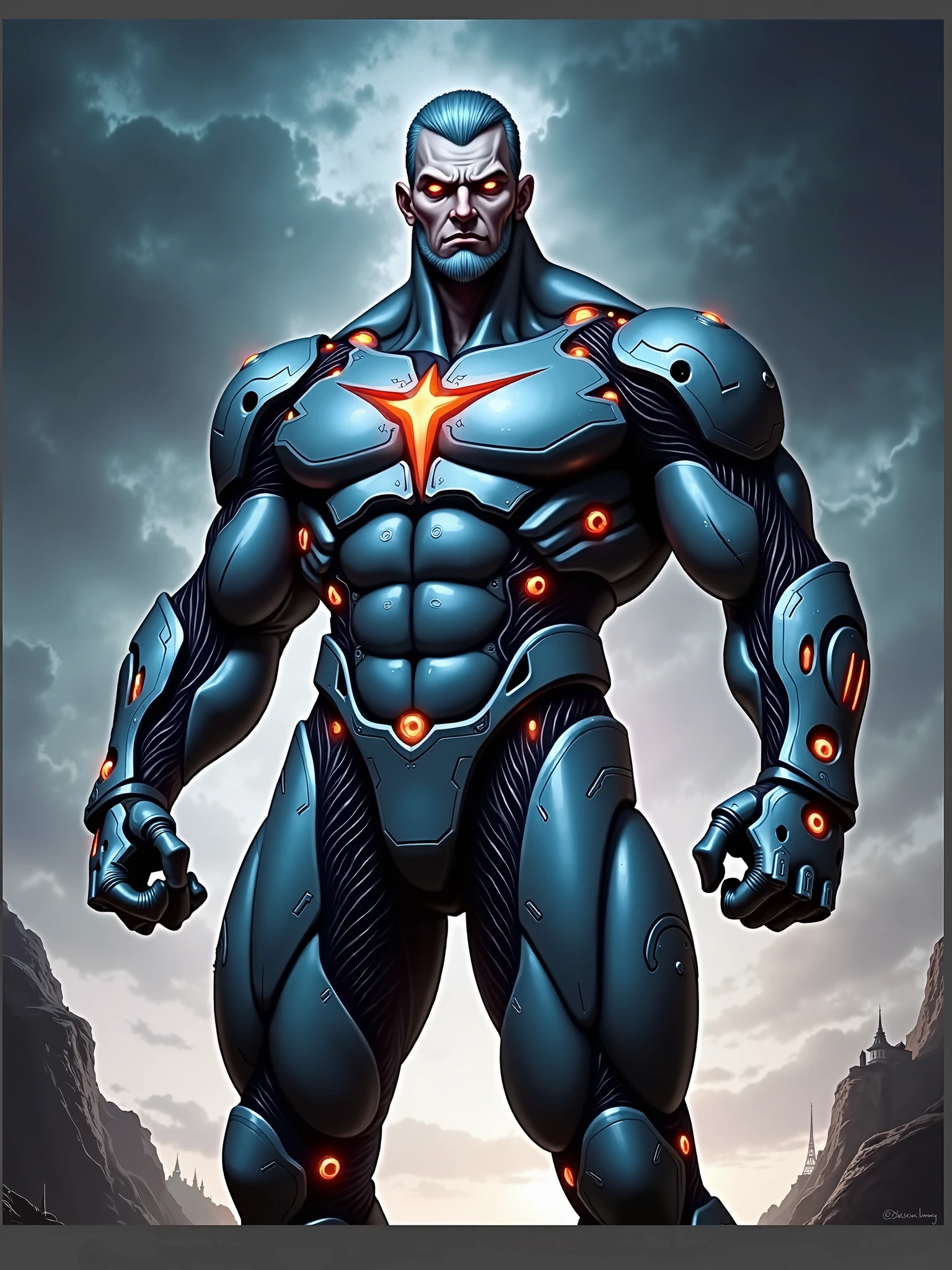 (best quality,highres:1.2),ultra-detailed,a male with silver skin and glowing yellow eyes,strong and muscular build,bare chest and chiseled abs,masculine features