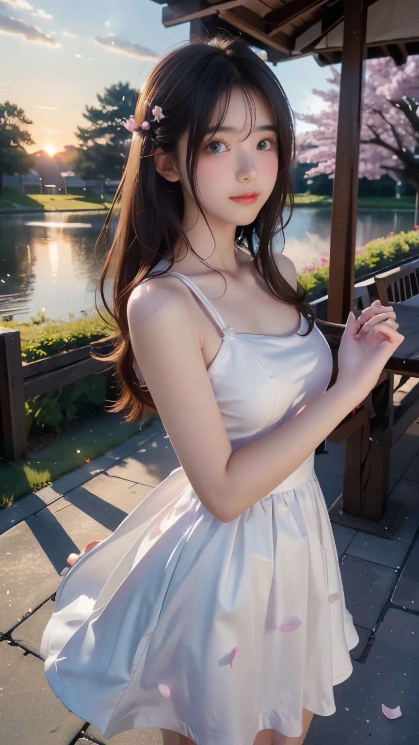 (logo、masterpiece、8K、table top、RAW photo、wonderful、最high quality、Photorealistic and very detailed CG integrated 8k wallpaper、high quality、very detailed、narrative poem、particle effects、dynamic effect、Depth of bounds written、cinematic light、Lens flare、ray tracing)、fantasy、 (1 beautiful woman、dress、dress、Cherry blossom pattern、black haired、beautiful face、real face、beautiful details eyes beautiful skin)、My hair dances in the wind、Hair flutters in Wind、hair jump、pink cherry tree、petals dance、SakuraFubuki、wonderful scenery、sunrise、sun on background、Wind、