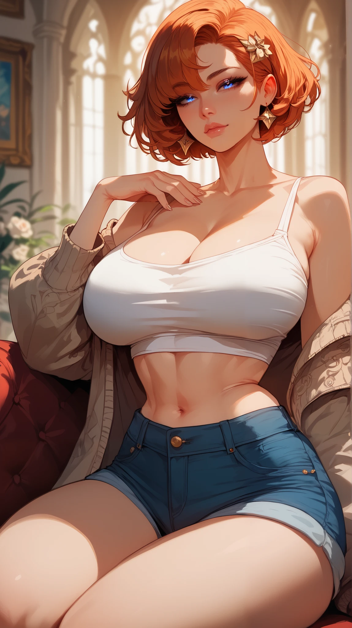 Furina style , perfect eyes , perfectly sexy face, ultra detailed, ultra perfect eyes , eye color blue, big beautiful woman , sitting, shorts, Long breasts, short hair, Body,
