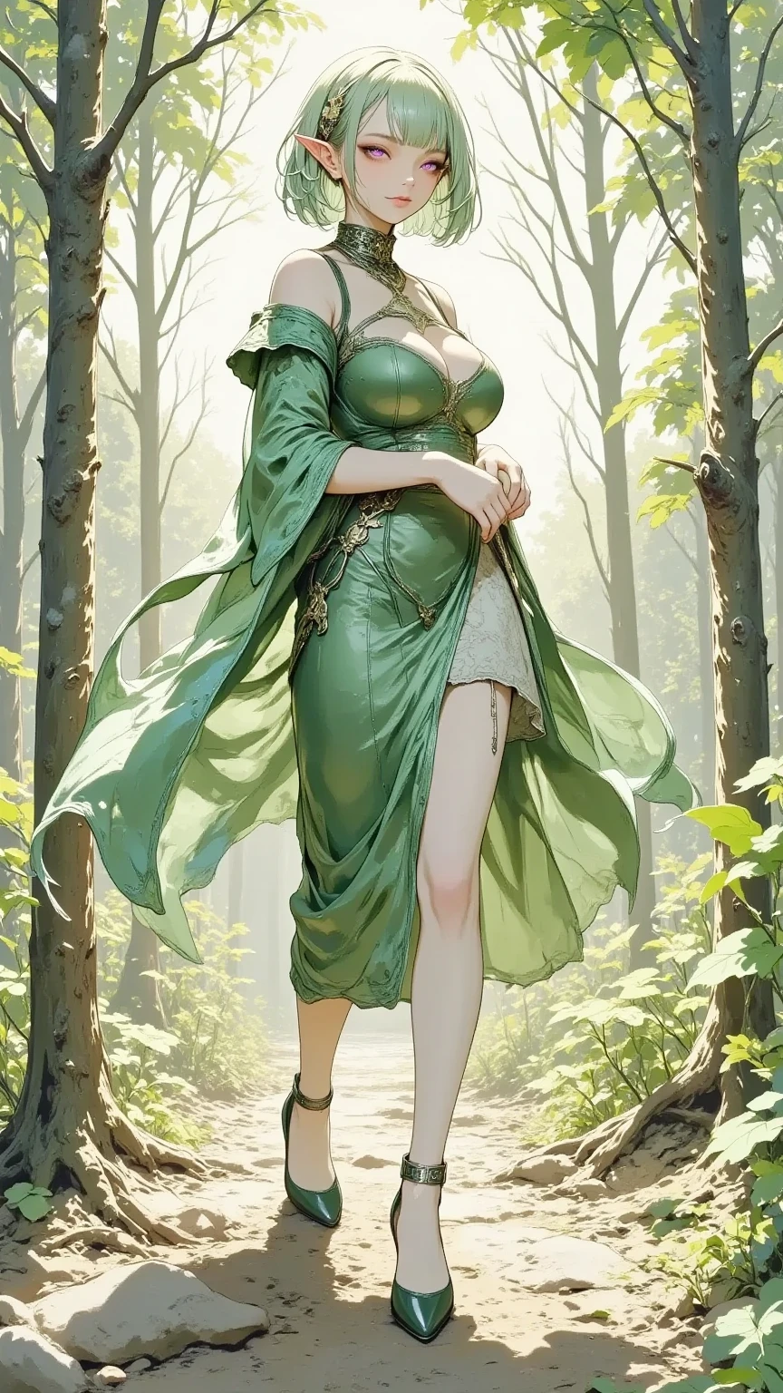 the elf，(White hair)，pointy ears，Crucifer-shaped pupil，Lewd expression，Dark collar，Lace lingerie big breasts，Green transparent cloak，With one hand behind his back and the other holding his chest，Hold your belly，simplebackground，themoon，The breath of life，green color，grassy fields，A huge tree of life，The breath of green life，Gentle and powerful divinity，Wife-like feeling，Poor milk loli，5 months pregnant，pregnant women with
