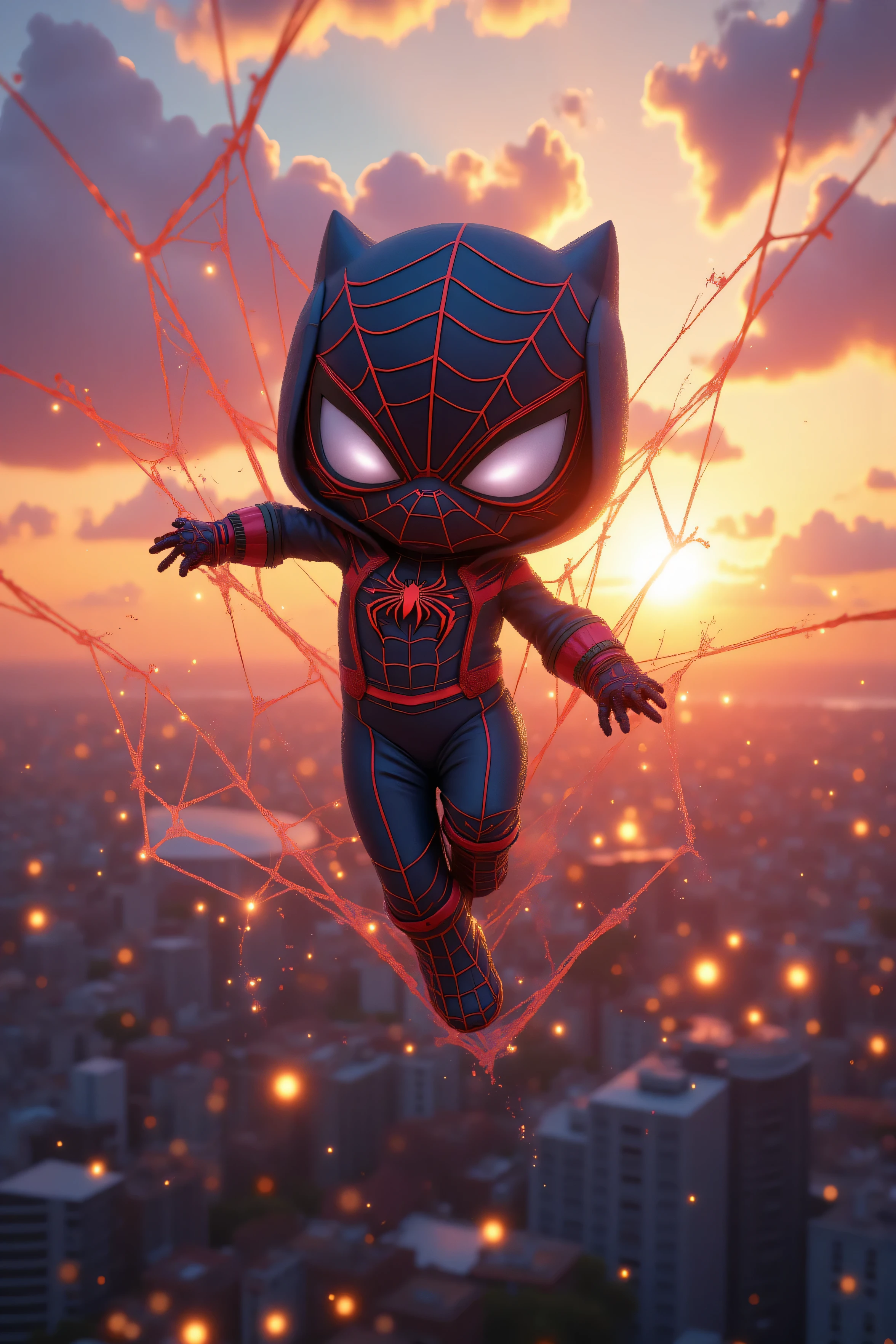best quality, extremely detailed, 8K resolution, Dokin-chan is wearing a Spider-Man costume、Figure of gracefully manipulating the web with the sunset sky in the background 。Colorful composition、 Brilliant Colors 、 Soft Light 。