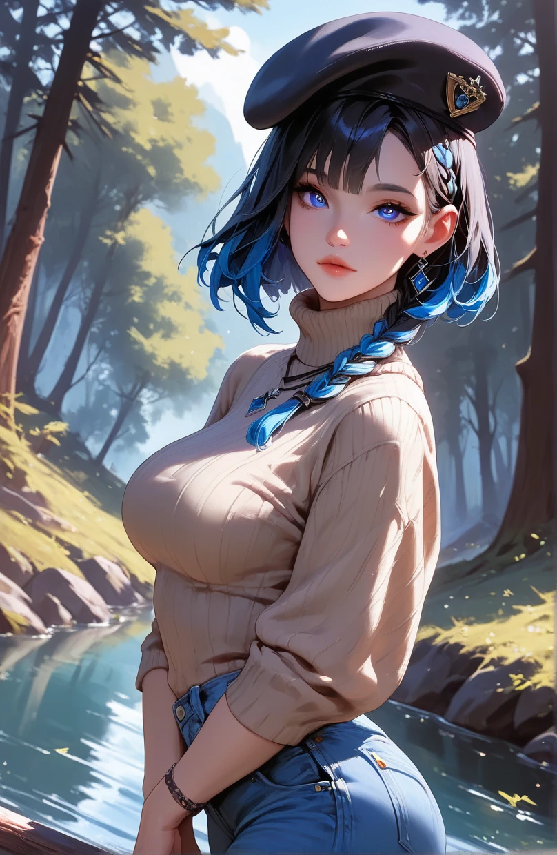 (ultra realistic,32k, masterpiece:1.2),(high detailed skin:1.1),( high quality:1.1),
<lora:Liko_Pokemon_v2:0.5>(disdain:1.1),liko (pokemon),blue eyes, blue hair, hair clip, white shirt, hooded jacket, open jacket, blue skirt,bioengineered forest, genetically modified plants, bioluminescent organisms, harmonious ecosystem blurry background,huge breast,large breast,(looking at viewer, sitting, from above:1.1),, <lora:add_detail:0.77>,
(iridescence:1.1),