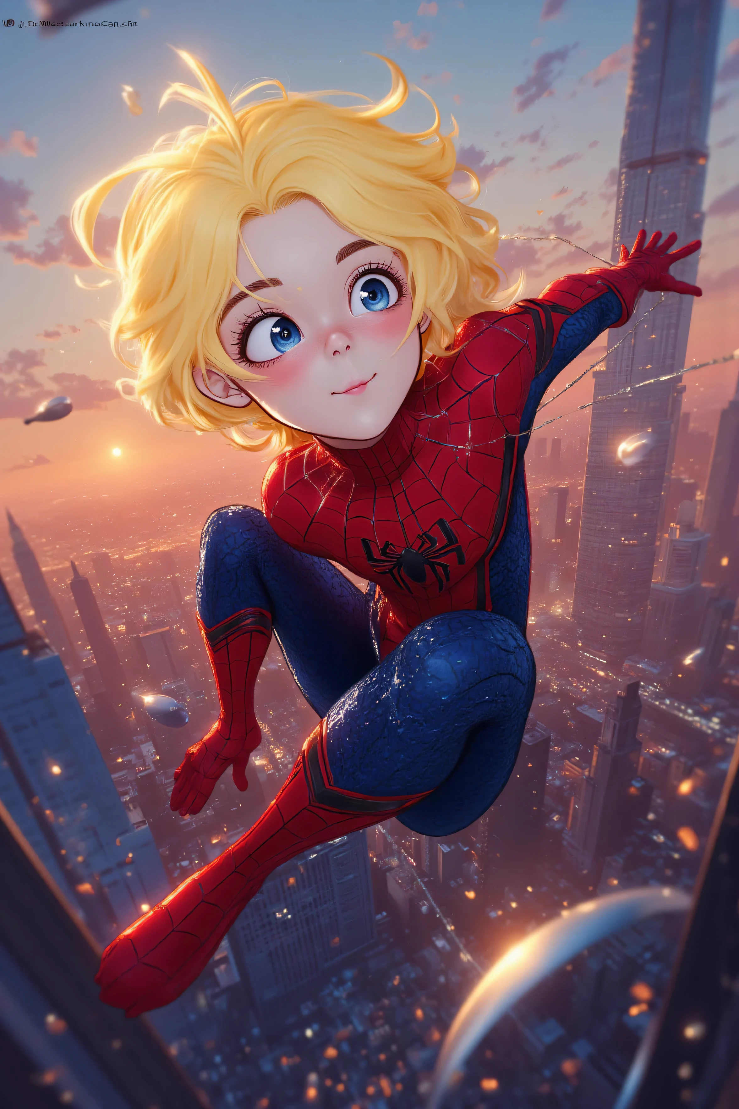 「 high resolution、Masterpiece、 award、 Dokin-chan is wearing a red and blue Spider-Man costume、Figure moving gracefully through the air using the web 。 Sunset sky and cityscape visible in the distance 。