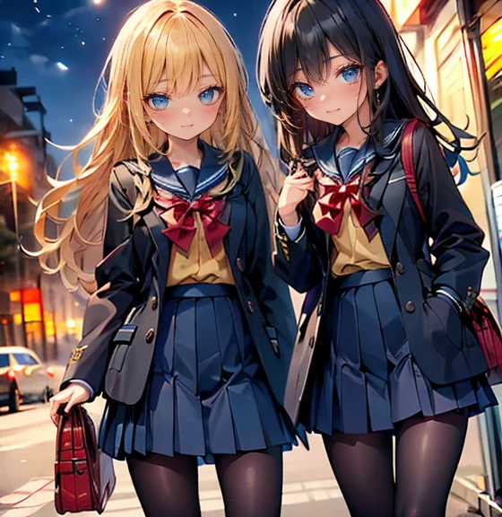 Masterpiece, girl ,high school girl ( black hair, beautiful eyes,Pale blue eyes, school uniform , brown winter coat , red backpack , black tights), high school girl ( blondes, long hair, bright orange eyes , school uniform, Long Skirt, black tights , black shoulder bag ),evening,bus, Fun conversation , look at your feet , From the left, look down