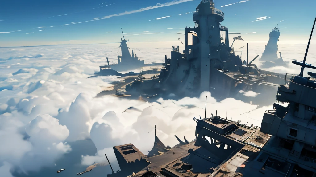 (( Soratrobo's Worldview )),(Broken worldview seen from Aerial Island),sea of clouds, Graveyard of Air Battleships ,Blue Sky , Iron Rust Is Decaying,(Floating in the air),(Lots of weapon wreckage),Slam Style ,