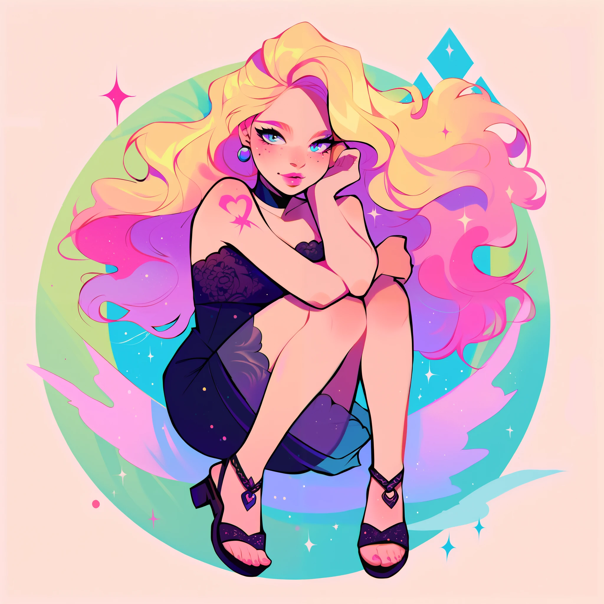 score_9, score_8_up, score_7_up, score_6_up, score_5_up, score_4_up, did vaporwave style, solo, 1girl, female, a thin young girl wearing a black tubetop, wearing a black skirt, wearing a sheer beige overcoat, has a very long blonde hair with pink highlights, has fair pale skin, has light freckles, wearing dark eye shadow has baby blue eyes, has her arms crossed, has freckles on her cheeks chest and shoulders, has pink cheeks, wearing sheer beige shawl, wearing black choker, wearing pink lipstick, very pale skin tone, innocent face, has facial peircings, has tattoos down her legs, wearing black lace sandals, full body