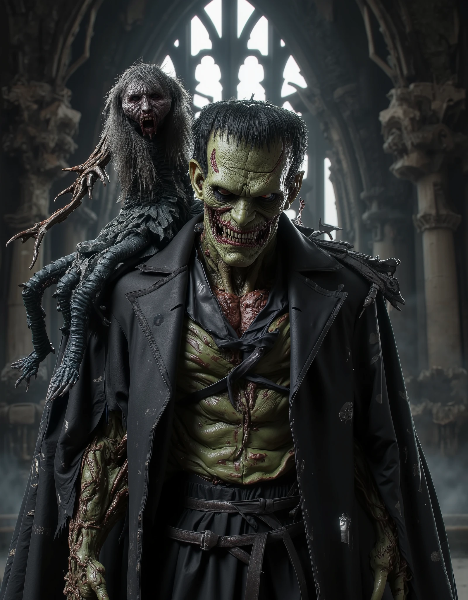 Frankenstein's monster, (metal bolts in neck:1.1), (body parts stitched together:1.1), blue glow, masterpiece, best quality, highly detailed, portrait, nightmarish Frankenstein creature, red eyes, looking at viewer, twisted and gnarled limbs, eyes glowing with malevolence, (hands reaching forward to grab the viewer:1.1), (wearing ragged leather clothes:1.1), surrounded by an eerie castle landscape, foggy, (lightening:1.1), a haunting presence that sends shivers down your spine, perfect lighting, perfect shading