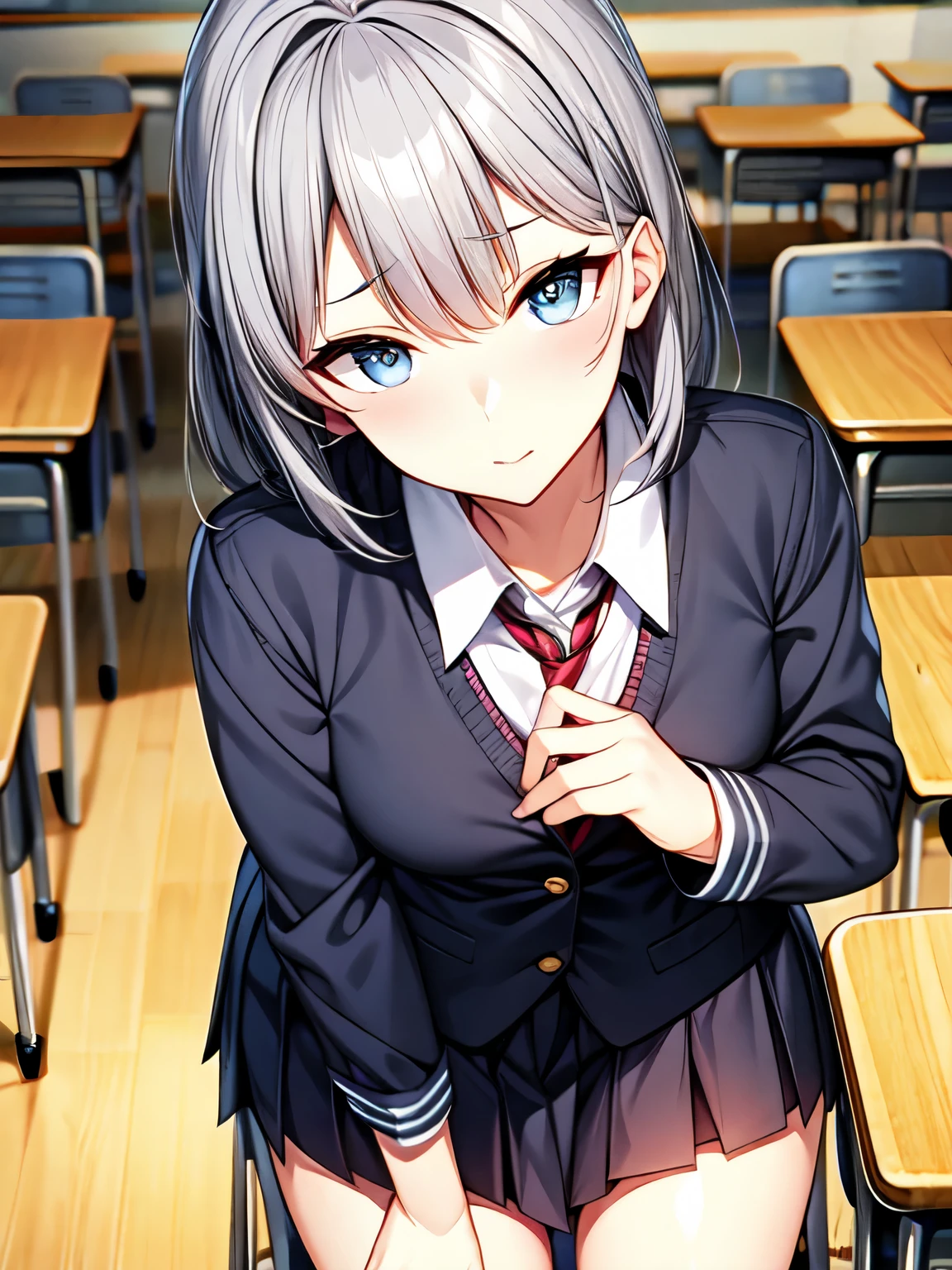 ,(sagging breasts:0.7),school uniform, Gray Hair,. shy, classroom,