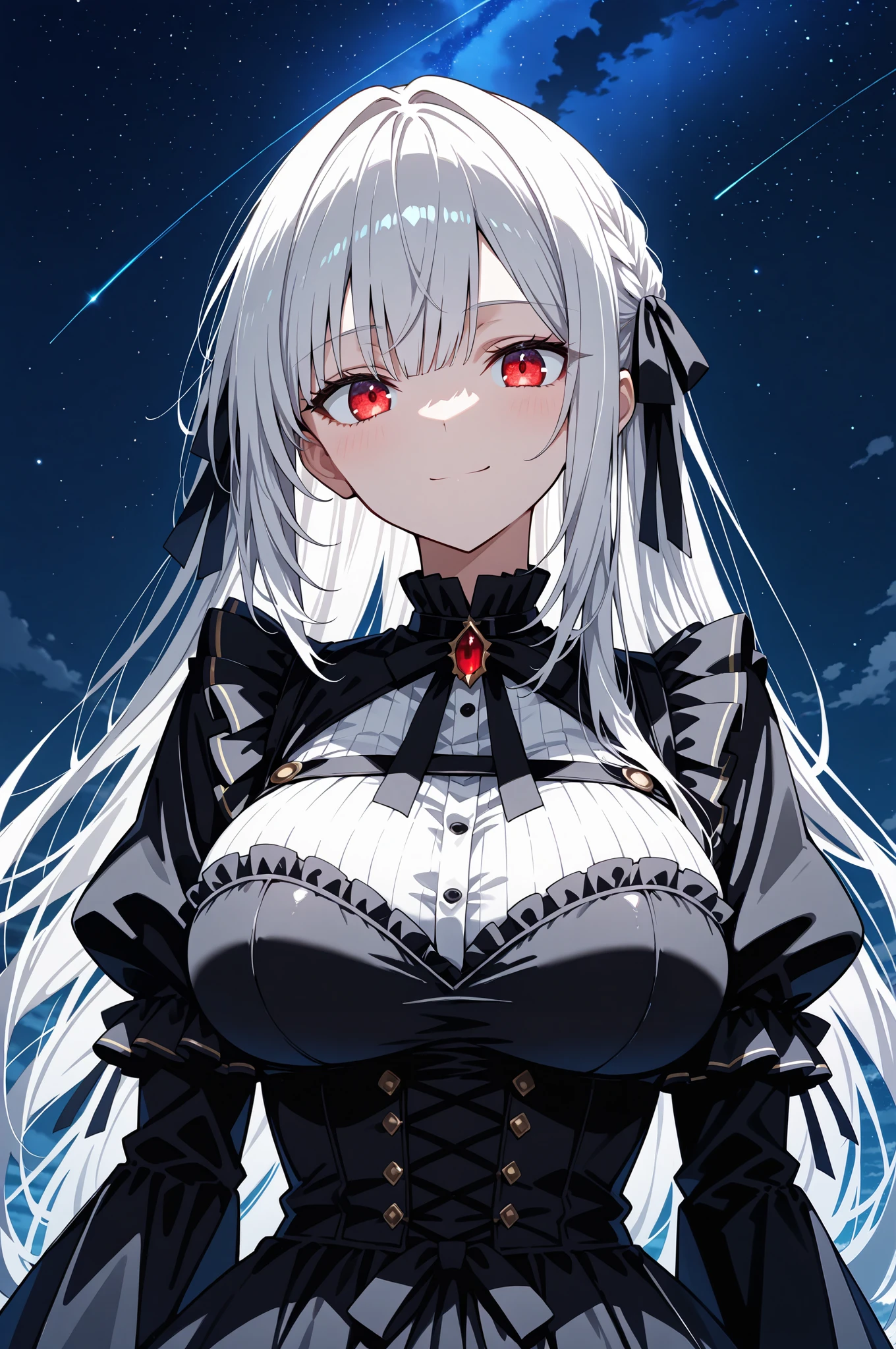 masterpiece, best quality, absurdres, very aesthetic, 1girl, upper body, large breasts, long velvet dress, hair ribbon, long white hair, gothic, slight smile, dark sky, undershirt, frilled sleeves, red eyes, starry night, looking at viewer,