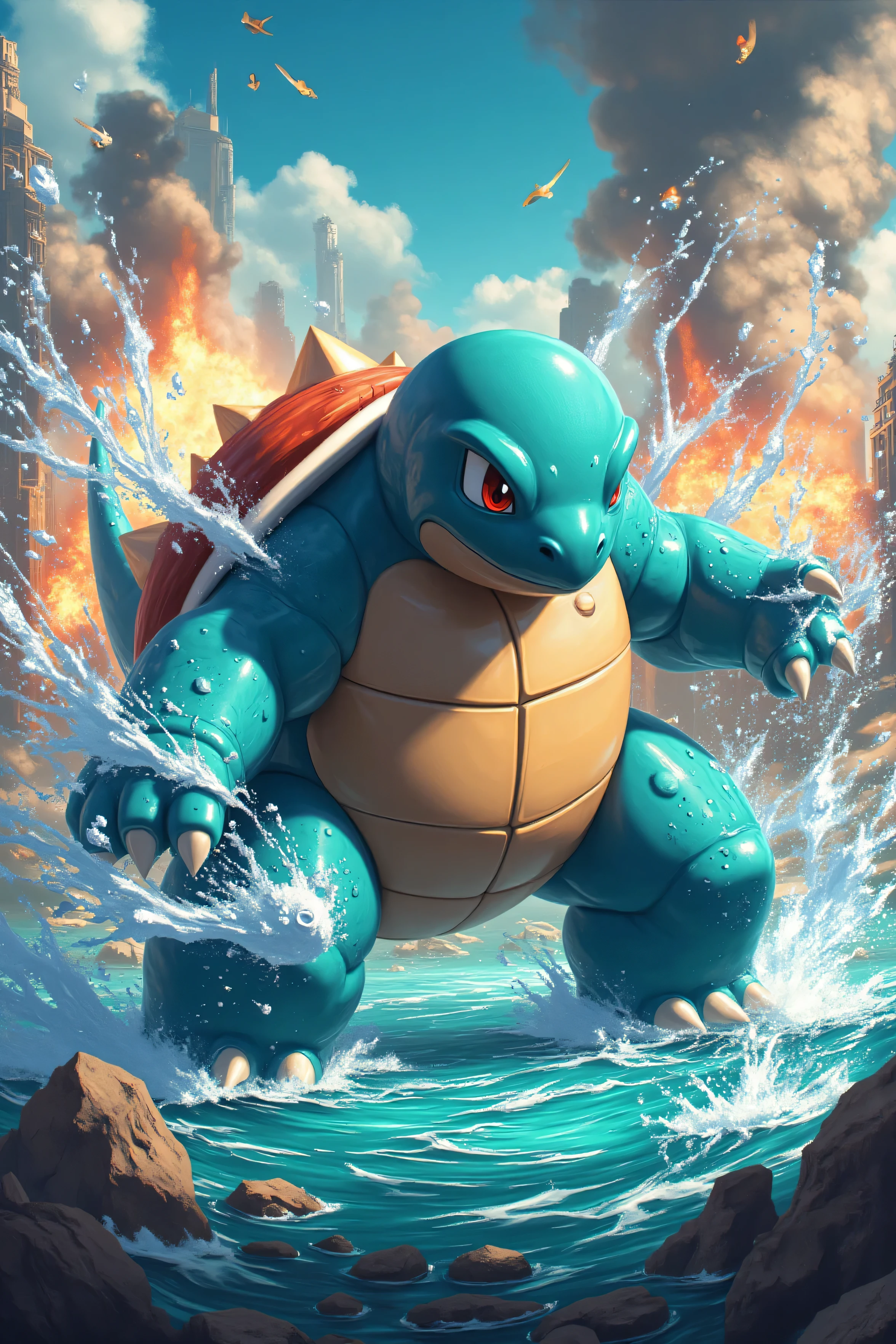 "Blastoise, giant Pokémon , cannonballs like tanks , shoot water cannons with maximum strength , Heroic Poses , muscle tension , water splashes from every angle , Water explosions , destroyed the city in the background , anime style, bright colors, high resolution , 8k, Effects of Movement , slow motion ."