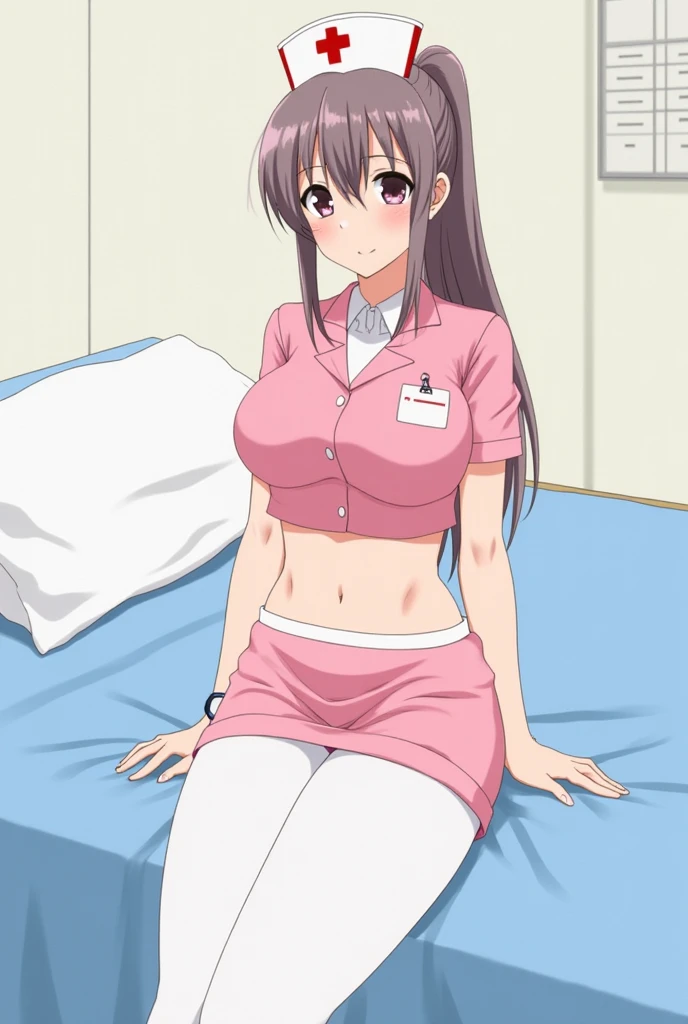 1boy, vaginal penis, spooning, sex, hetero, on side, spread legs, leg lift,masterpiece, best quality, high resolution, nurse, brown hair, purple eyes, smile, nurse cap, long hair, stethoscope, 1girl, huge breasts, (vulgarity:1.4), orgasm, blush, :o, (sweat:1.2), looking away, parted bangs