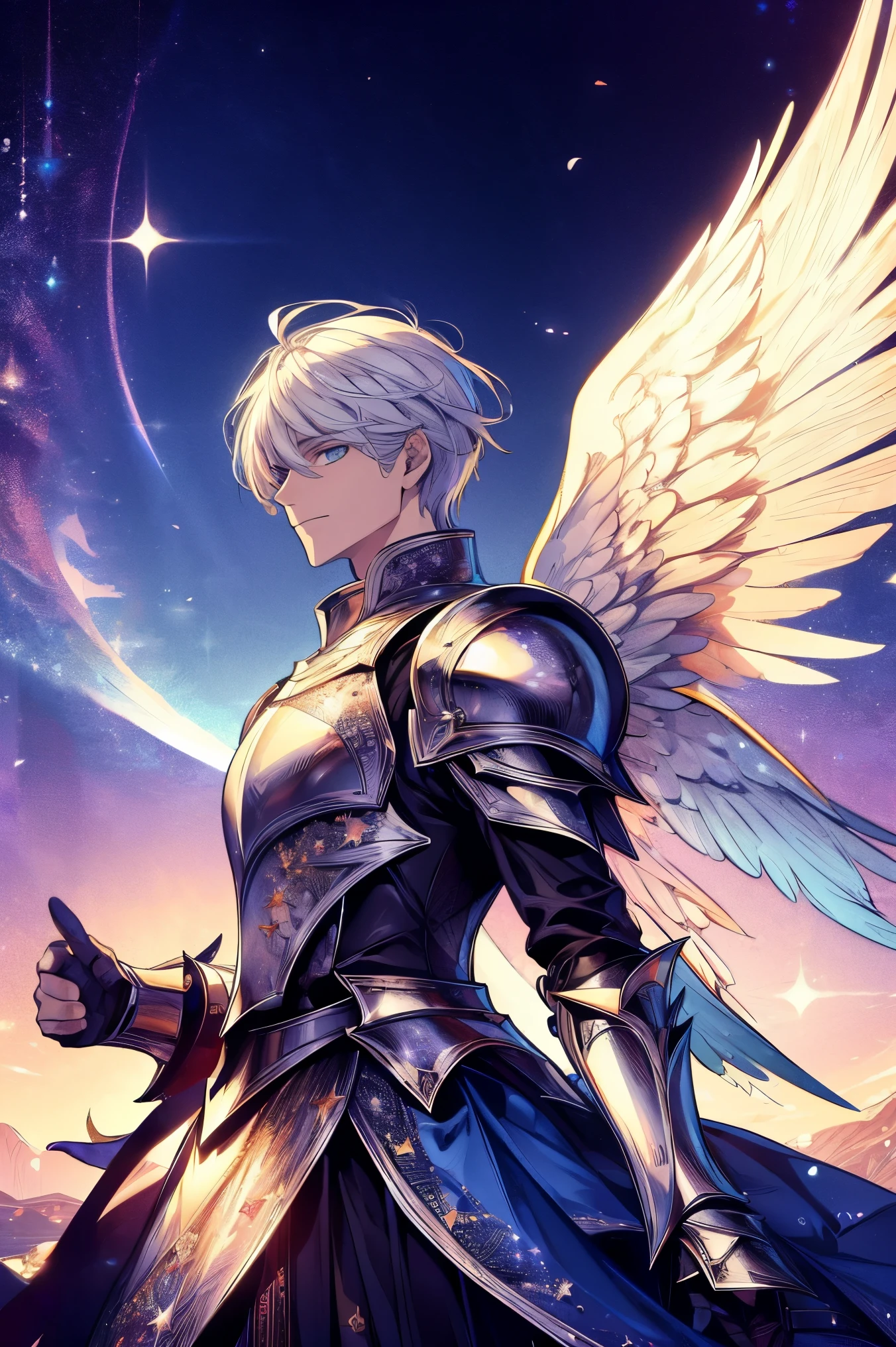 1male, calm, age 35 face,paladino, long messy with bangs In the future, white hair, pov,Angel Wings,amethyst colored eyes,Knight in armor,From the front, he posed, looking at the viewer, royalty,In a church, adult face, medieval times, close up, instrument,Golden armor is black, divine angel, pov,celestial, angel wings,Cleric of the Sun,Armor made of stars