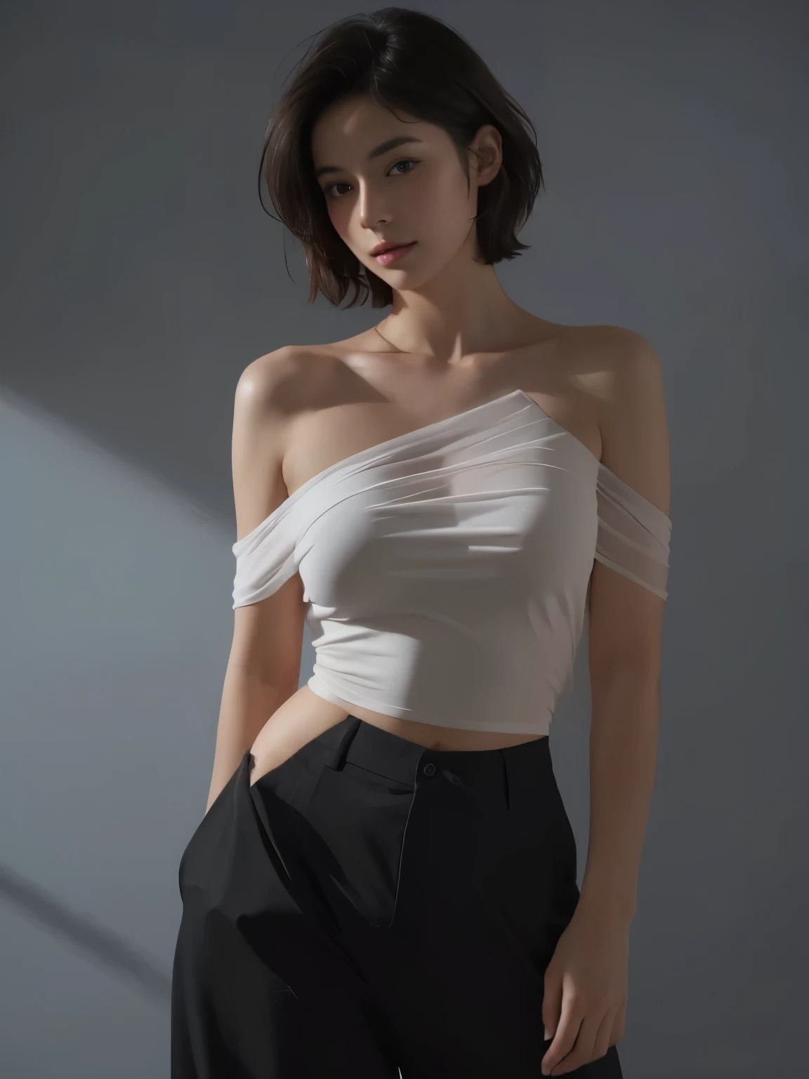 masterpiece, best quality, solo, 1girl, luminous skin, hoop earrings, glamorous, whimsical details, slicked hair, mesmerizing, bare shoulder, crop top, long pants, shallow depth of field, contrapposto, professional model, face front, portrait