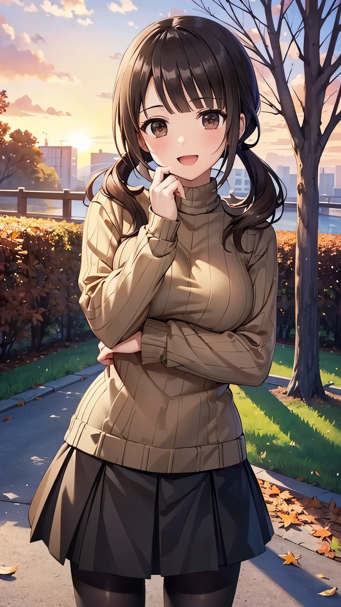 (top quality, greatest masterpiece),okitasawa,((middle one side tale:1.3)),(ribbed brown sweater:1.3),black long length skirt,break,black pantyhose, anatomically correct body , looking at the camera, very detailed facial features, beautiful and perfect face,(:d:1.3),((over head shot:1.3)),autumn leaves,Park in the evening, looking at the camera, Front Angle,sunset,red cheek:1.3,cowboy shot:1.3,