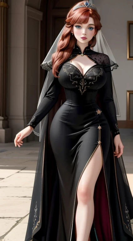(masterpiece, best quality, cinematic, photorealistic, ultra-detailed), (1girl, Sophies Turner as Sansa Stark), (wide shot, full body view, from the front:1.5), (wearing Northern Attire, a dark fur-lined cloak over a grey dress with intricate embroidery:1.3), (Long, red hair styled in intricate Northern braids), (blue eyes, soft and shimmery eyeshadows, detailed pupils, defined eyelashes), (blushing, slightly parted lips, cherry lips, fluffy lips), sexy body, perfect hands, large cleavage, sensual pose, (gradient background)