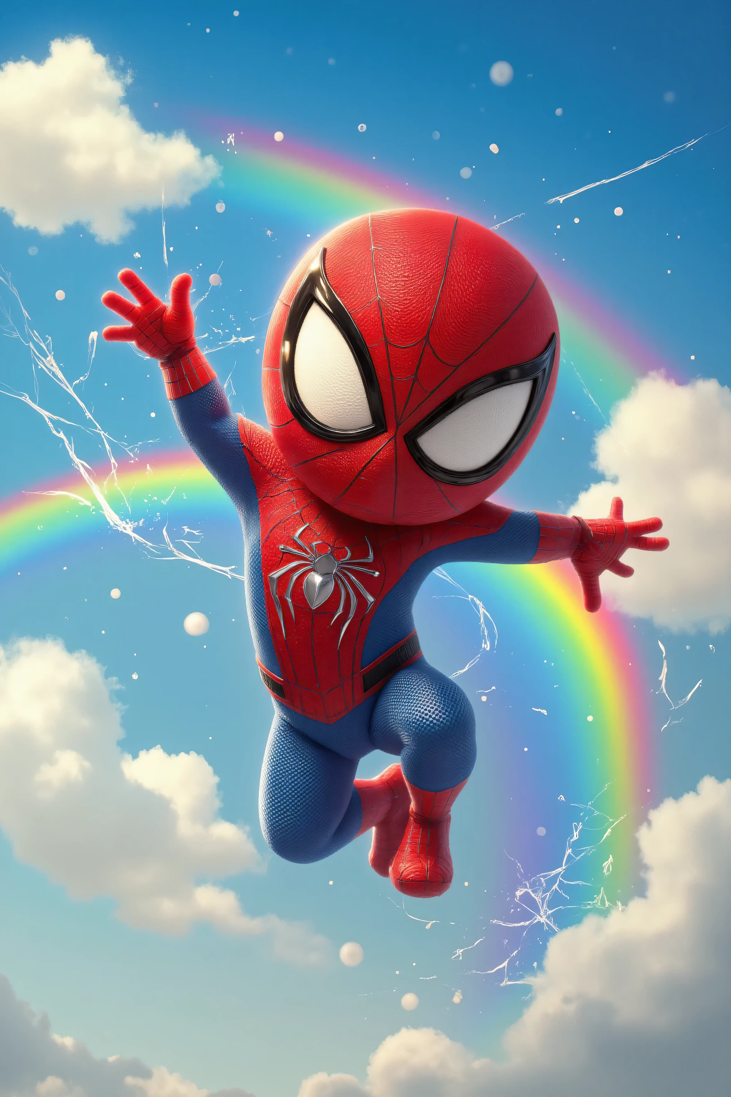 ultra highres , best quality, masterpiece, Melonpanna dancing through the air in a Spider-Man costume。The background is blue sky and rainbow 、 soft clouds drawn with clear details 。 overall beautiful and harmonious composition 。